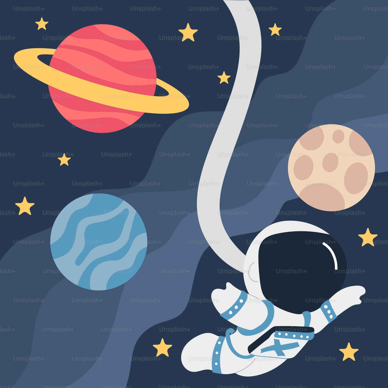 An astronaut floating in space with planets in the background
