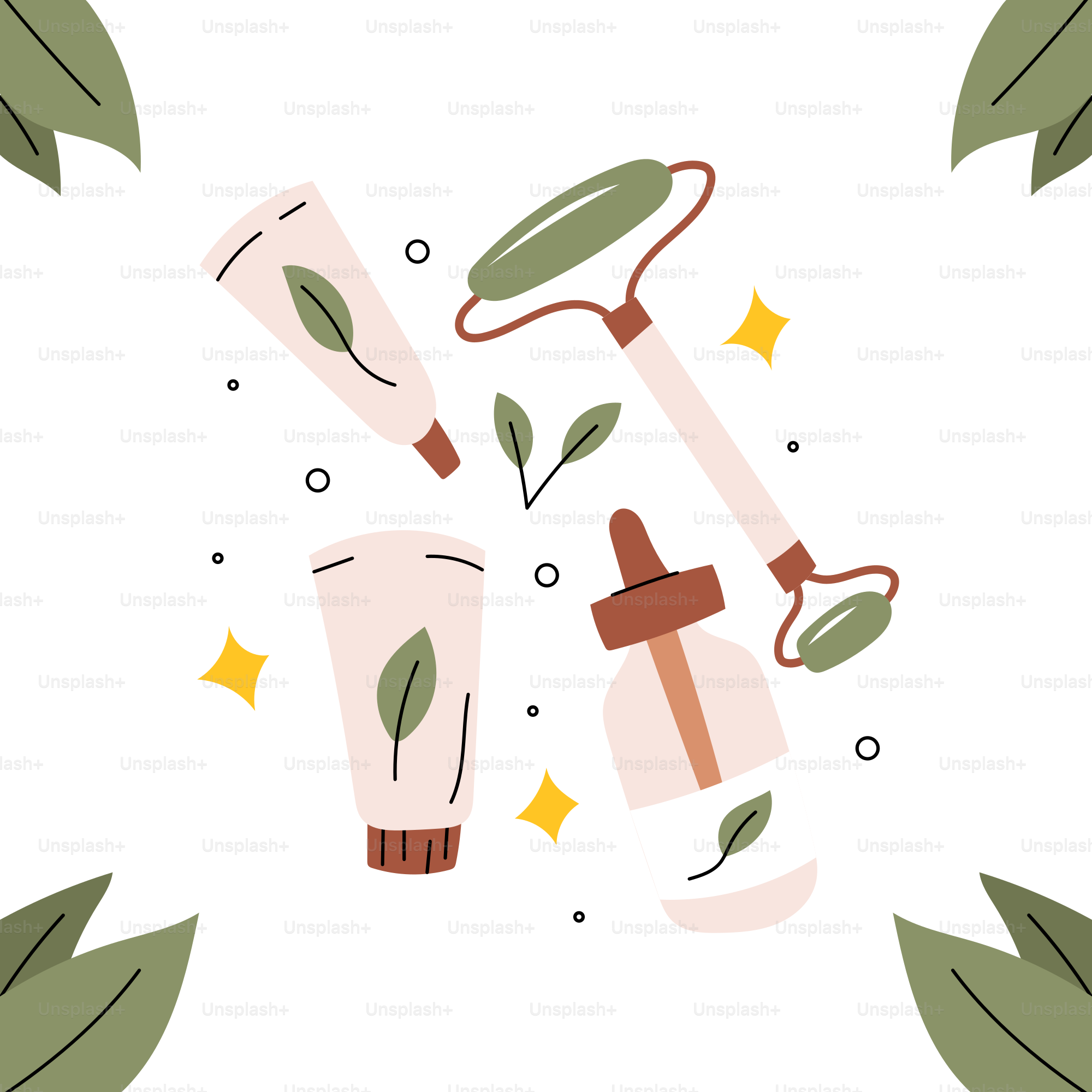 Un fondo blanco con hojas verdes y un bote de loción