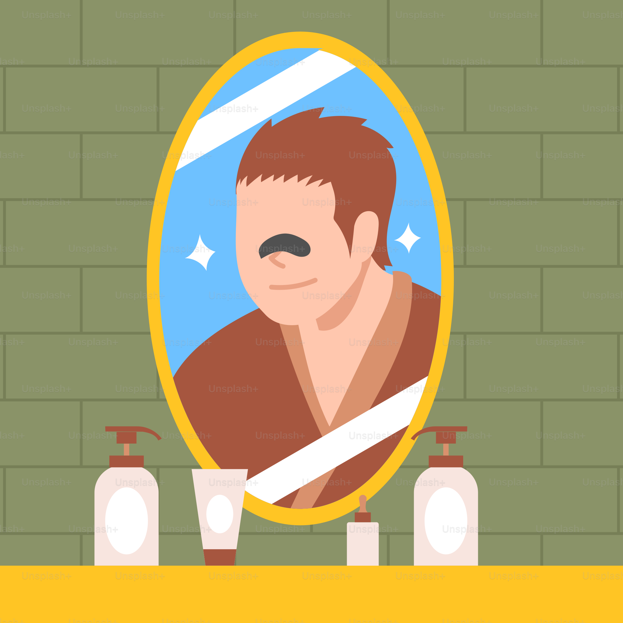 A man with a mustache is looking at himself in the mirror