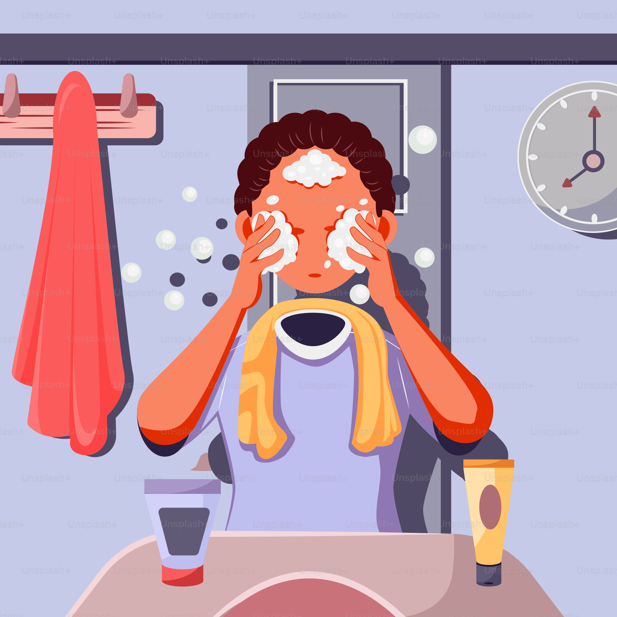 A woman is washing her face in the bathroom