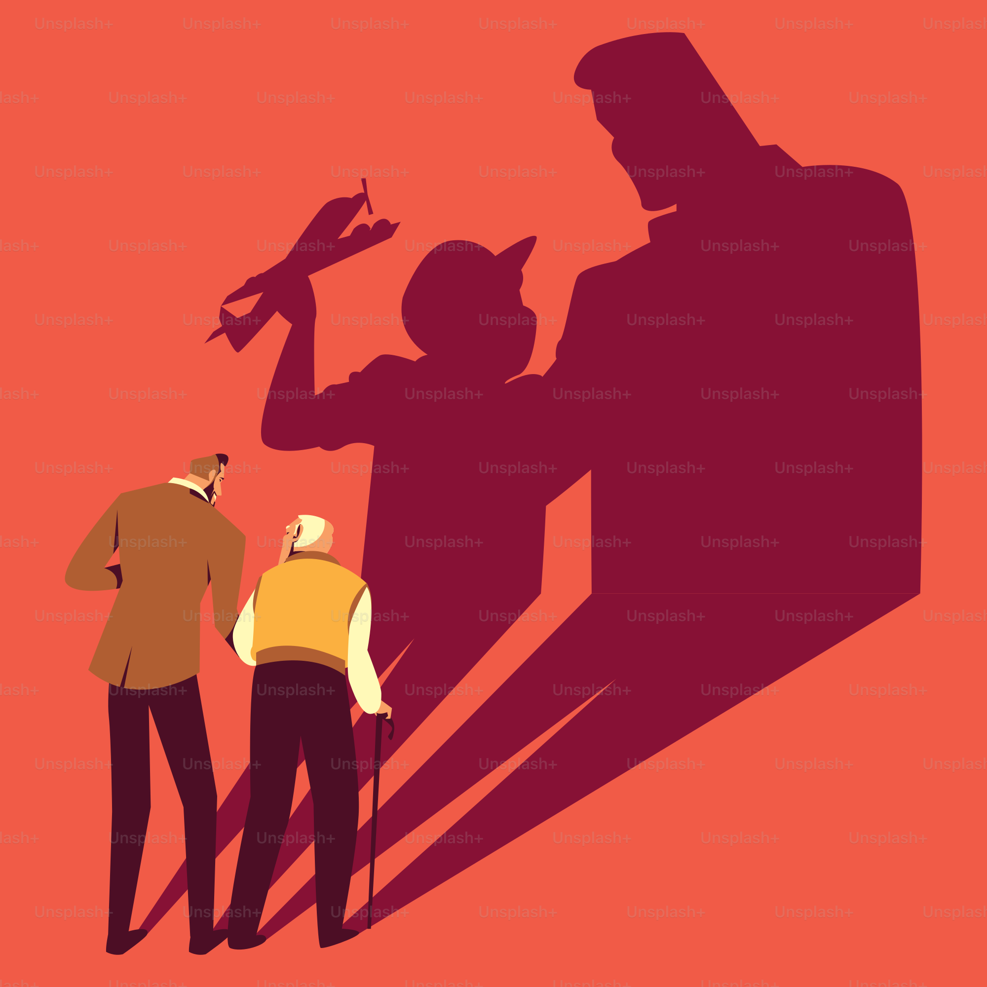 A couple of people standing next to a shadow of a man