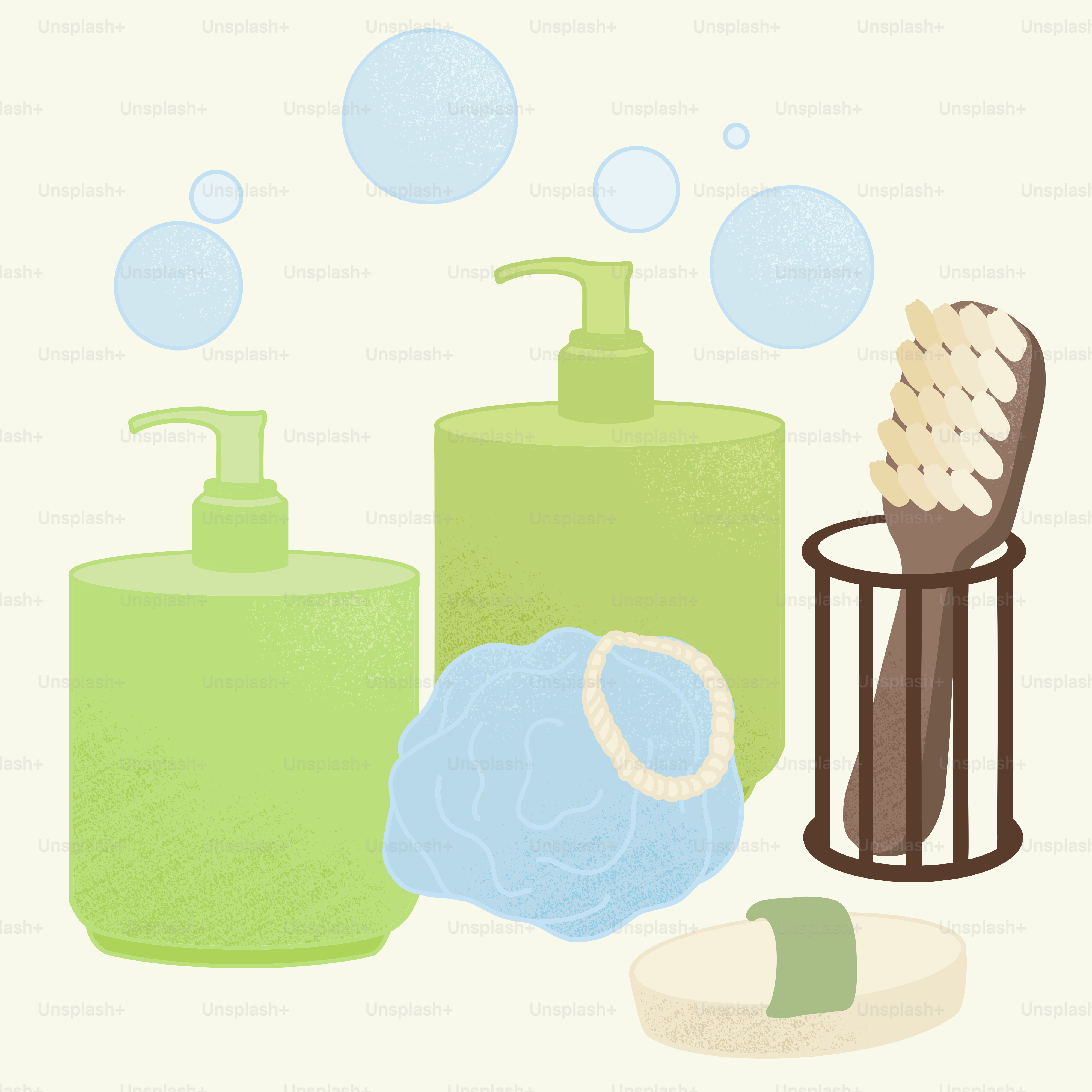 A bathroom scene with soap, soap dispenser, and sponges