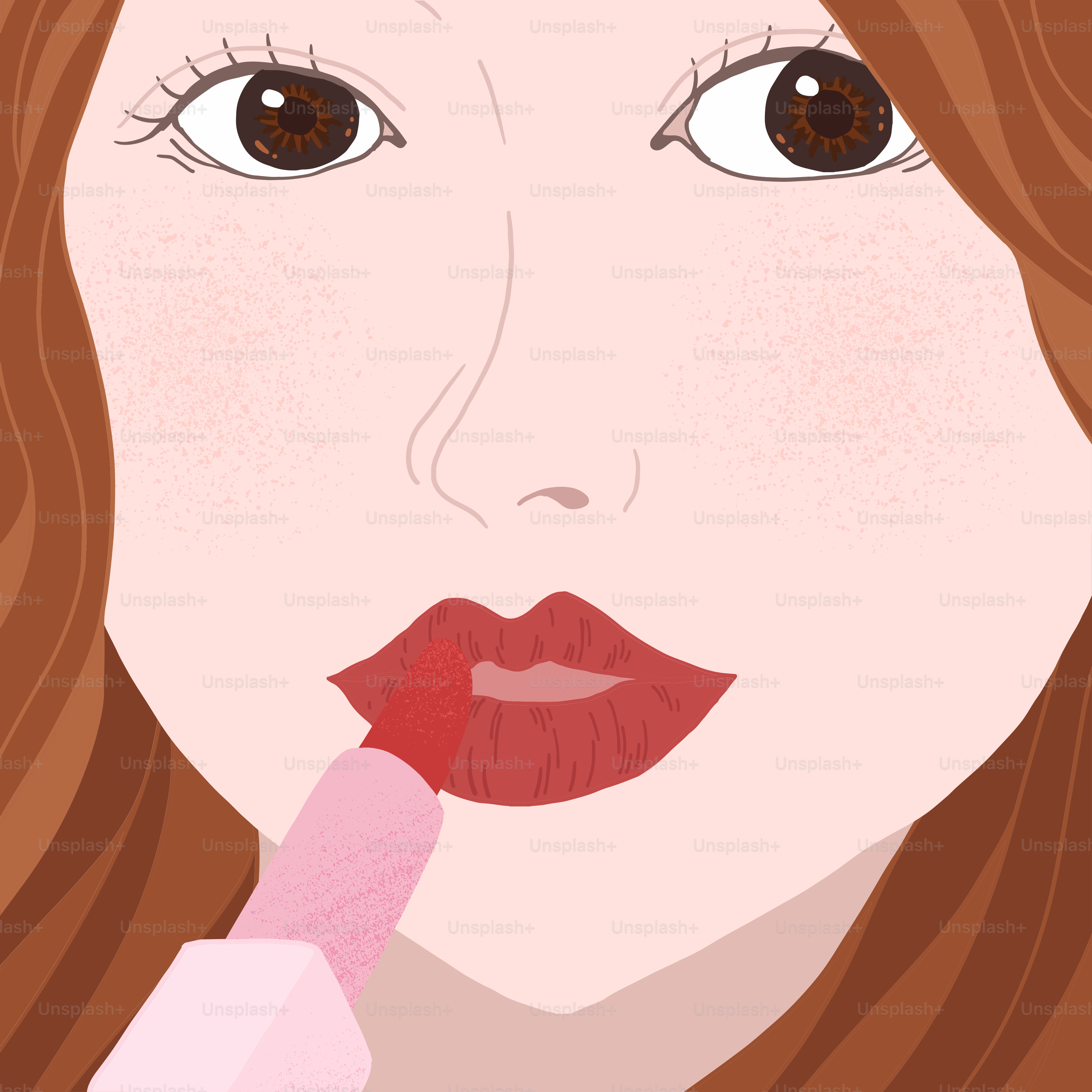 A woman with long red hair is brushing her teeth