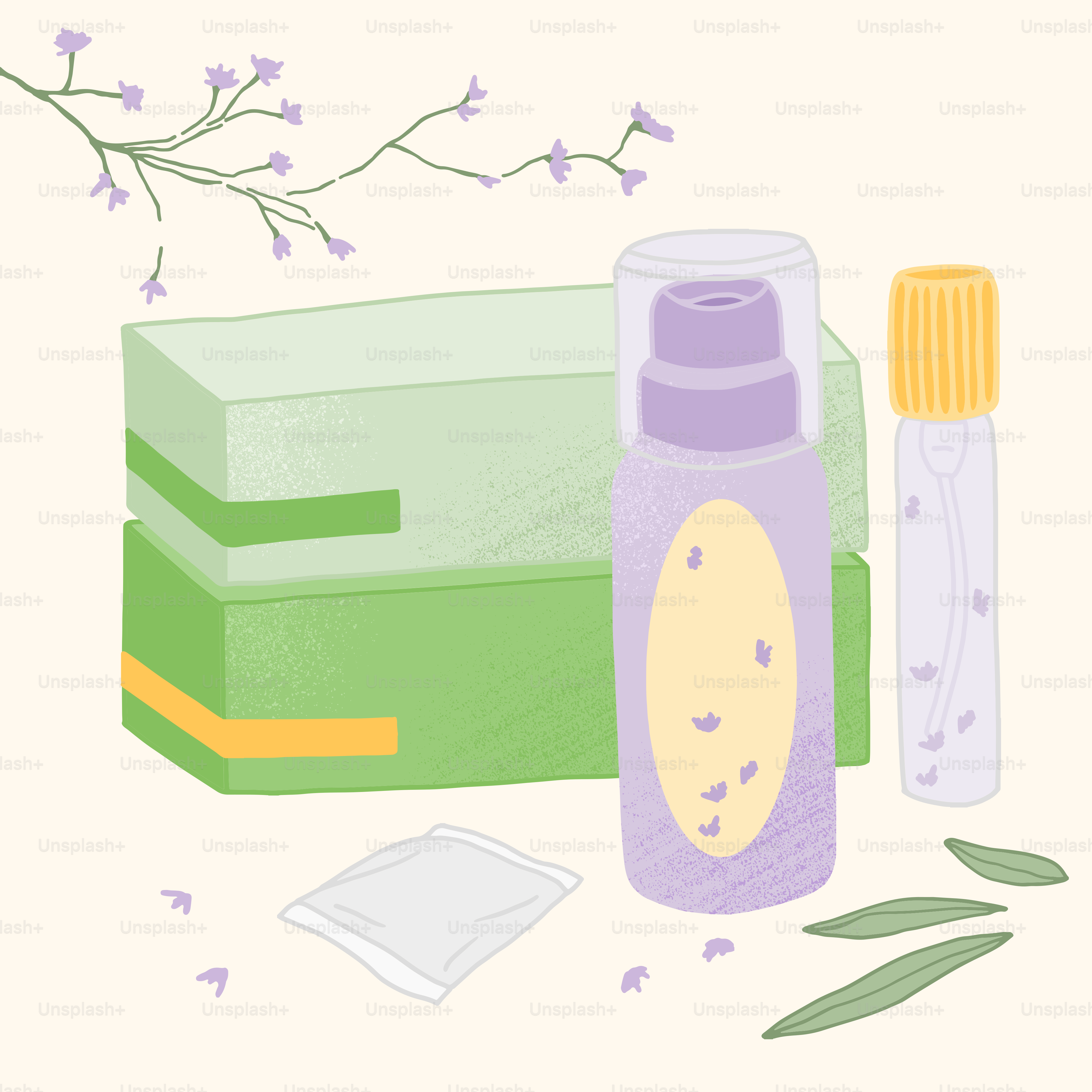 A picture of a bottle, soap, and other items