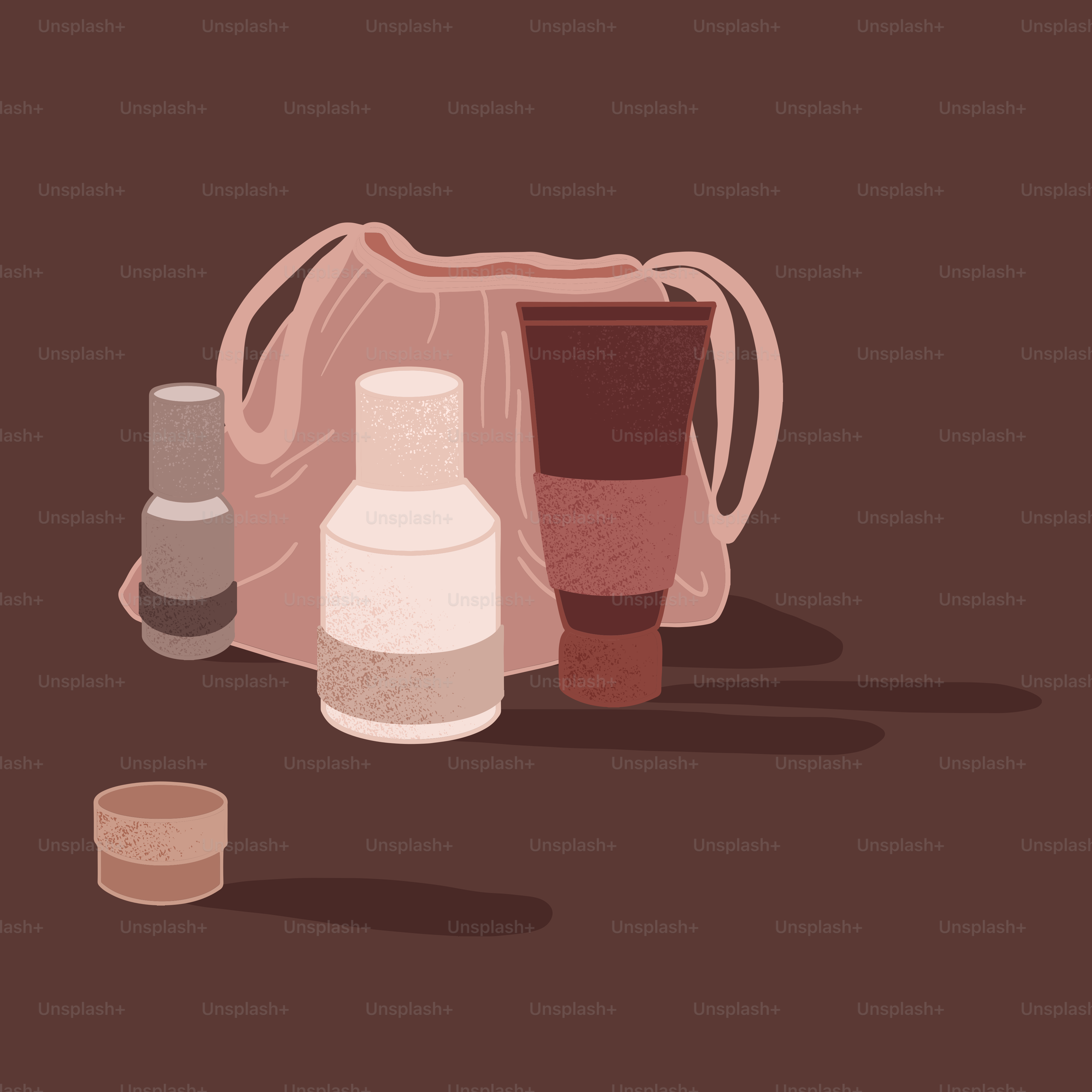 An illustration of a bag, two bottles, and a pill bottle