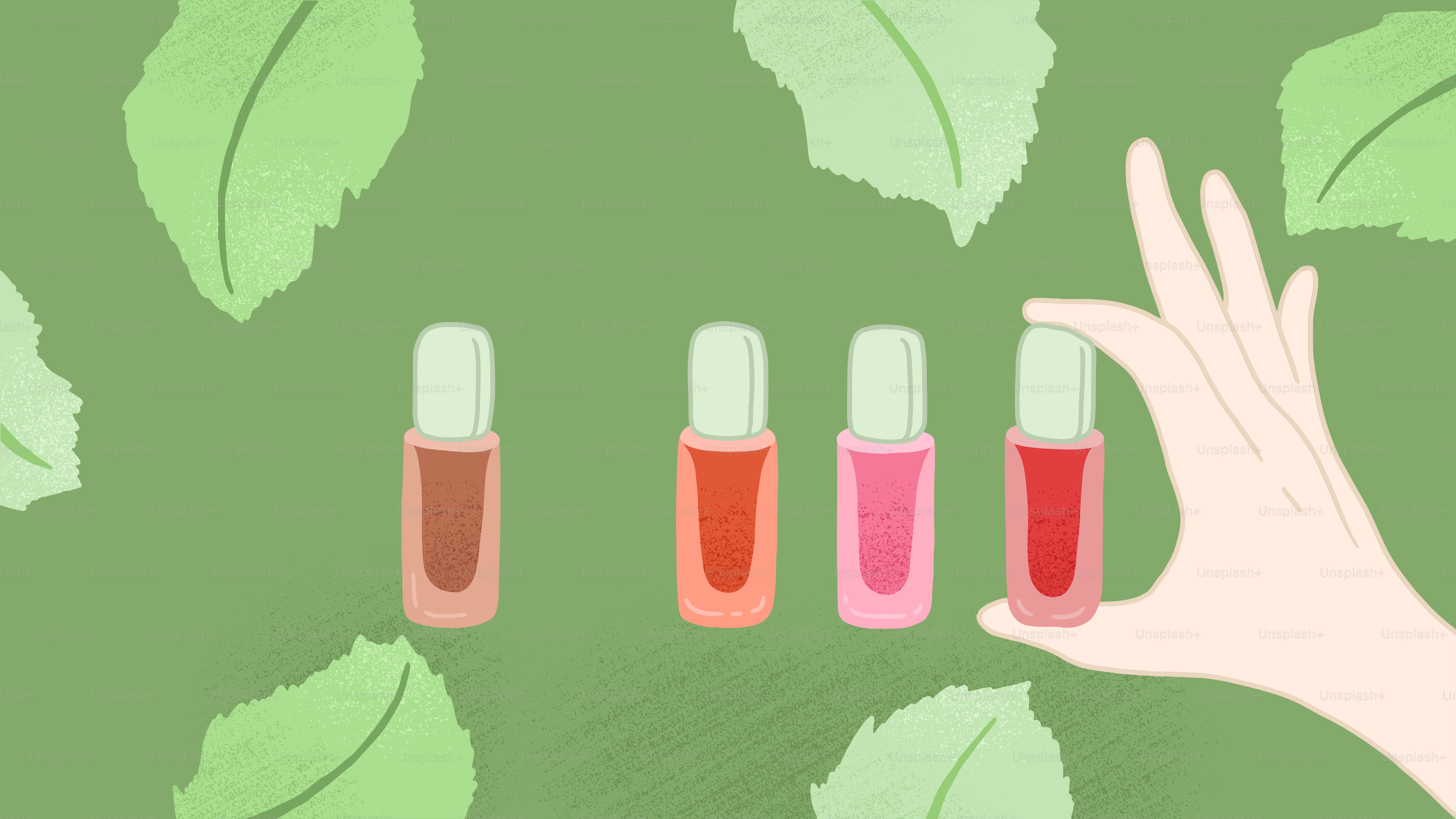 A hand holding a bottle of liquid next to a green background with leaves