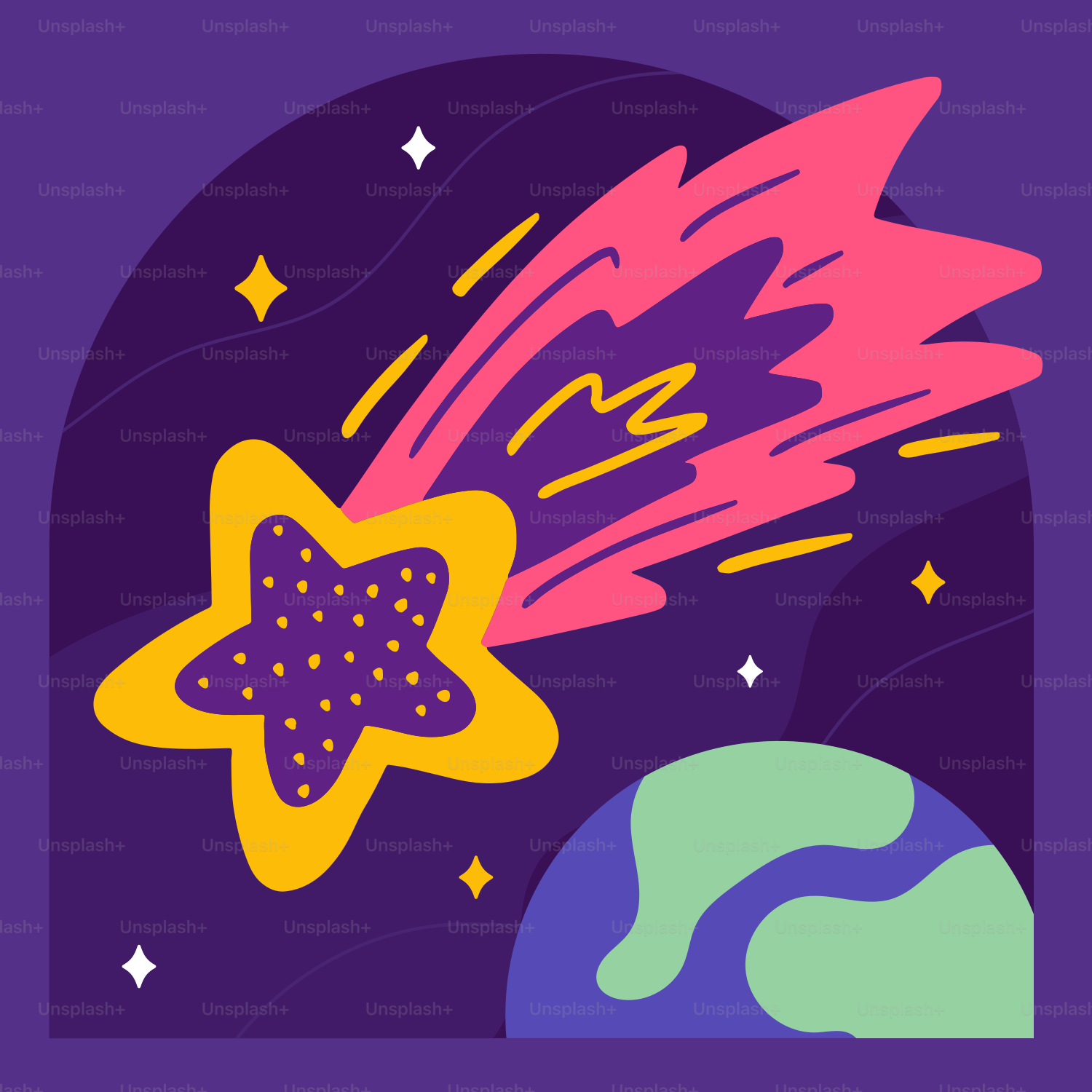 A purple background with a star and a planet