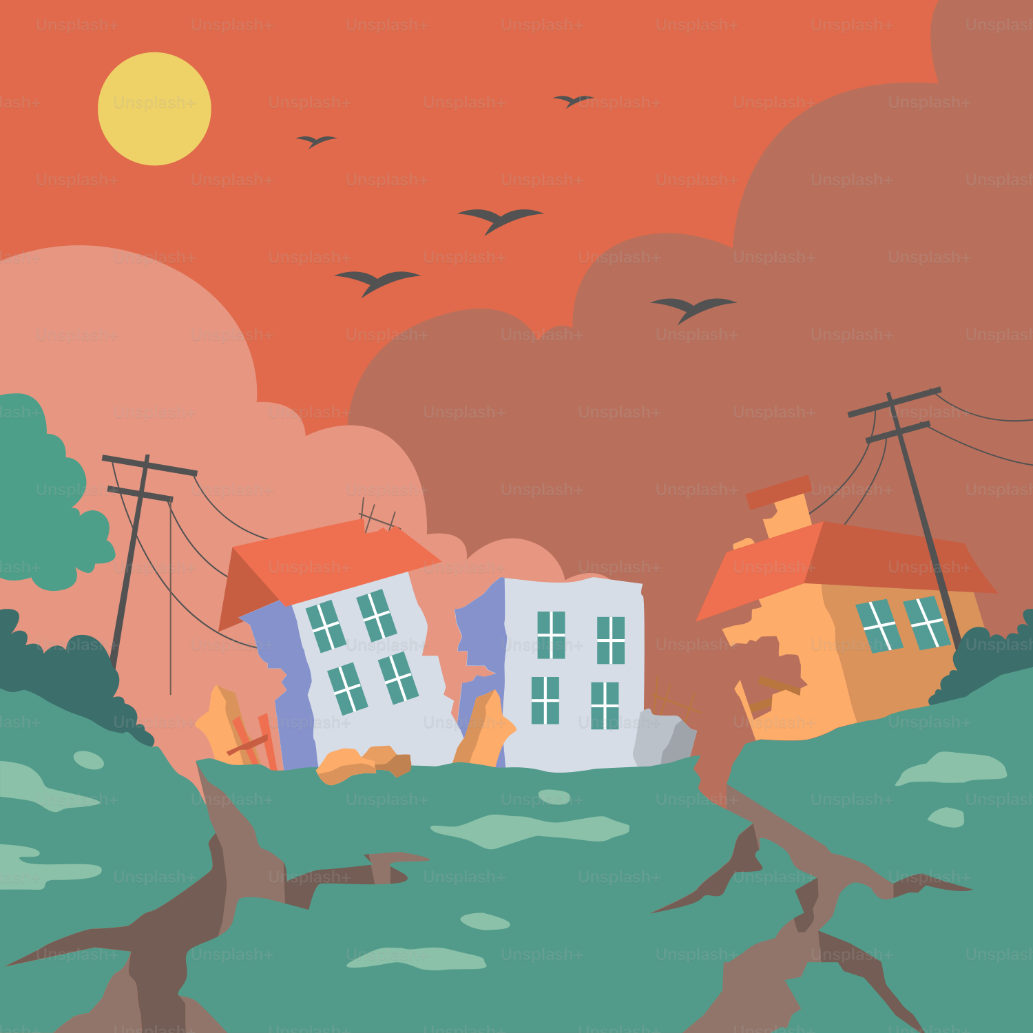 Un cuadro de una casa en una colina con pájaros volando sobre ella