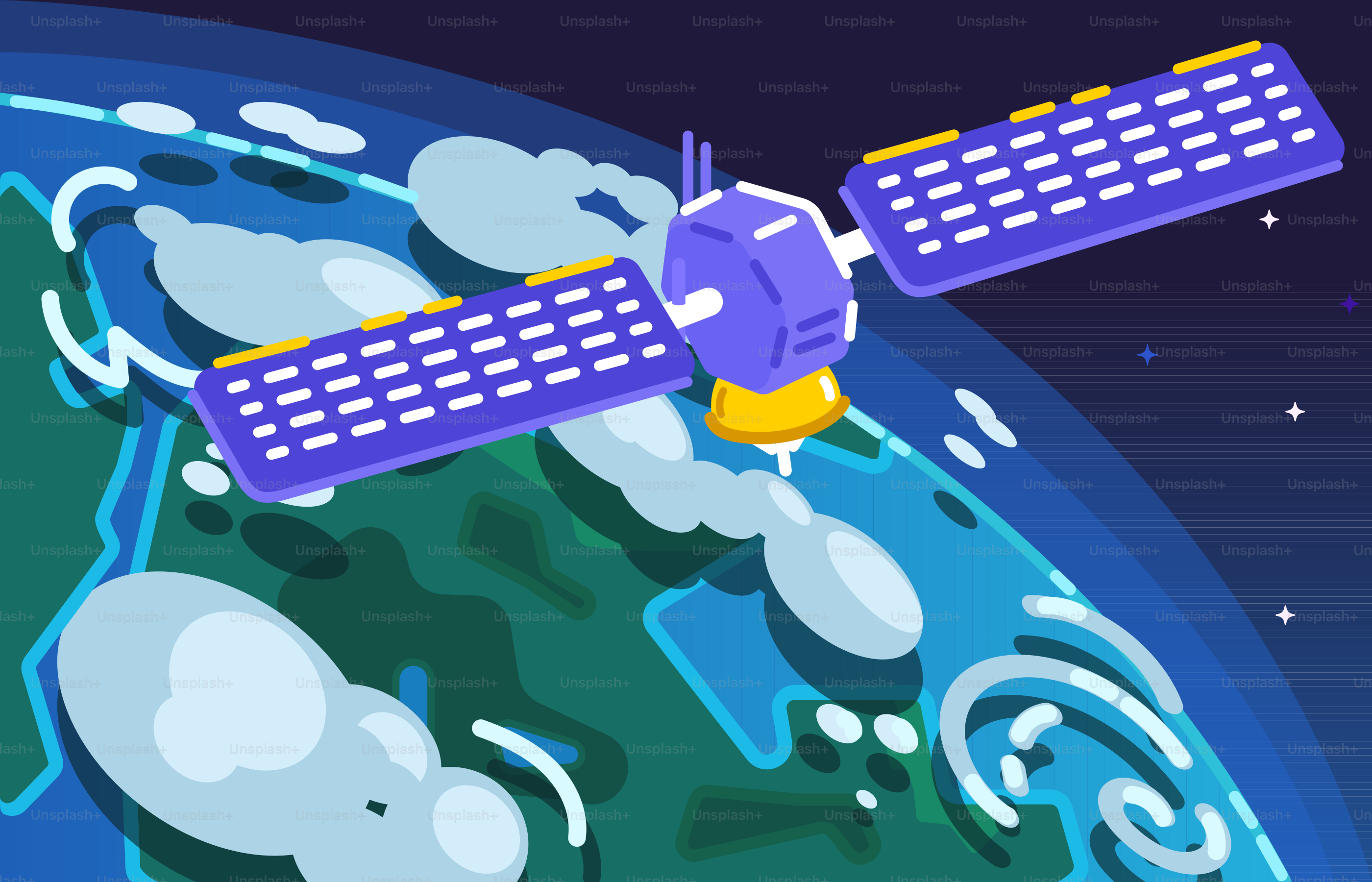 A cartoon of a satellite flying over the earth