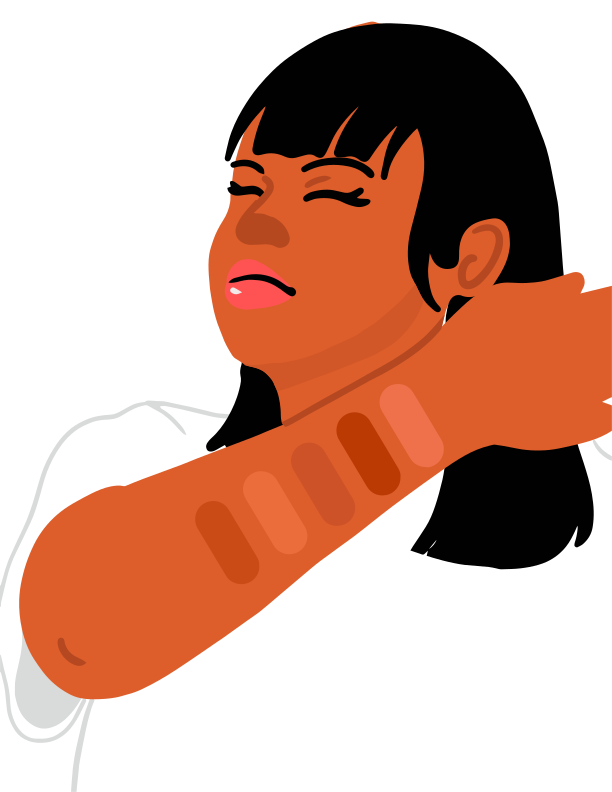 A woman with her arm around her neck