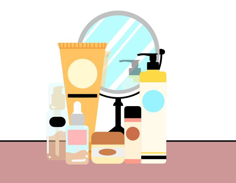 A table topped with a mirror and bottles of cosmetics