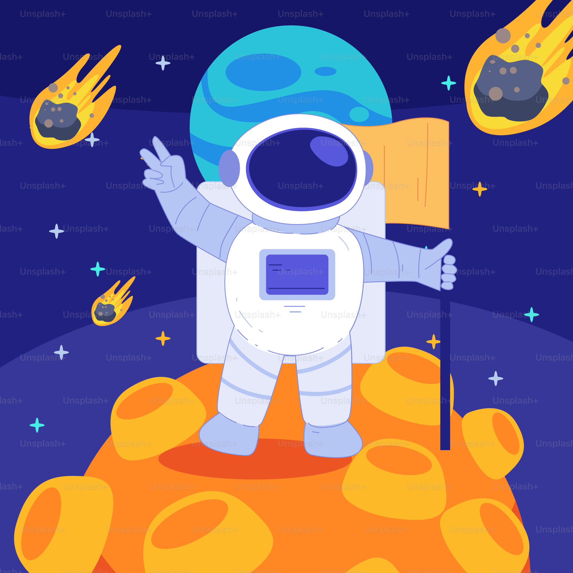 Um astronauta em pé no topo de um planeta segurando uma bandeira