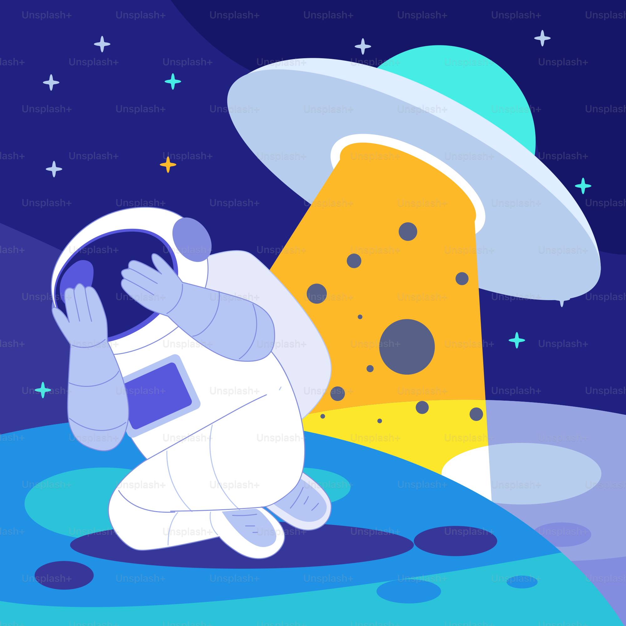 An astronaut floating in space next to a giant object