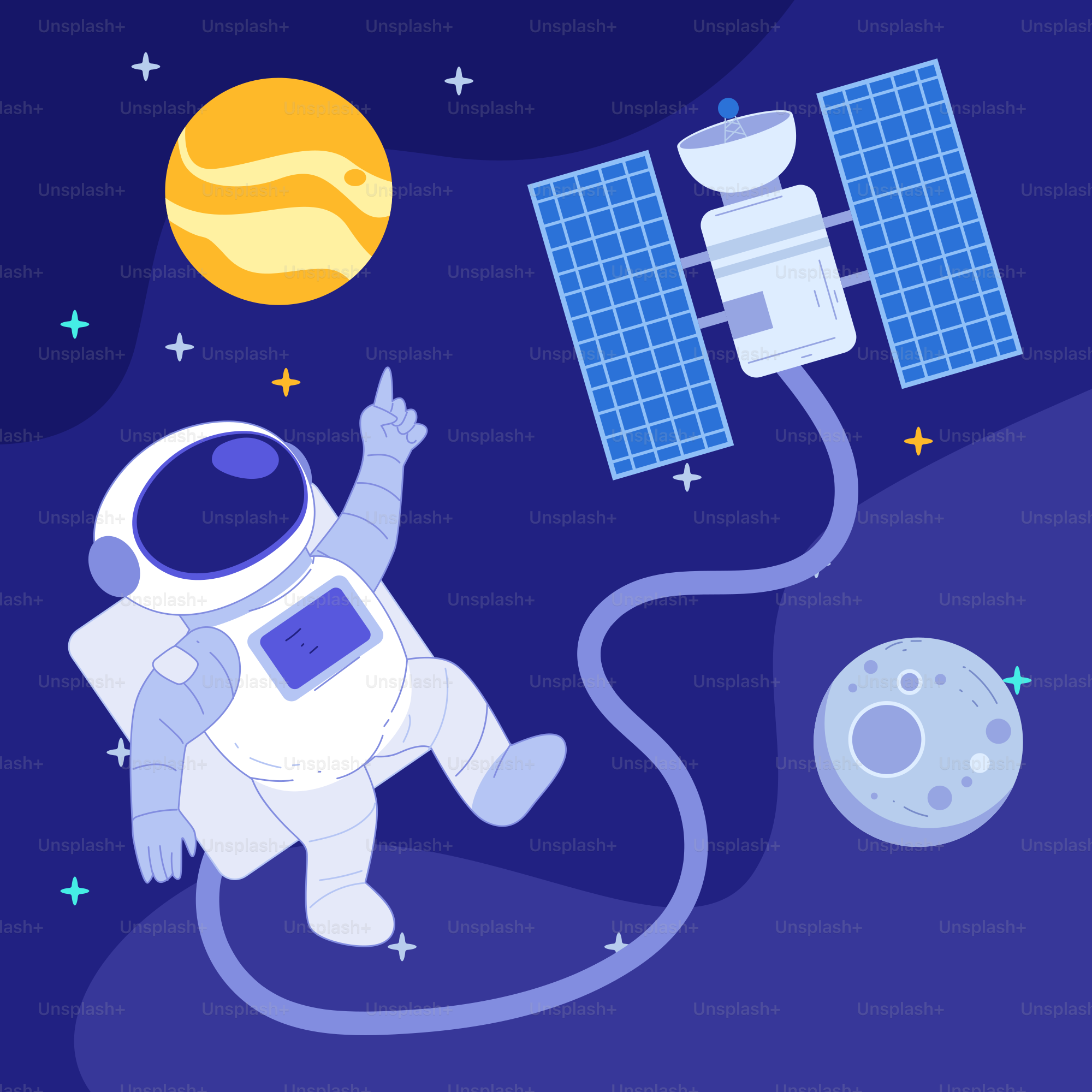 Um astronauta flutuando no espaço ao lado de um satélite