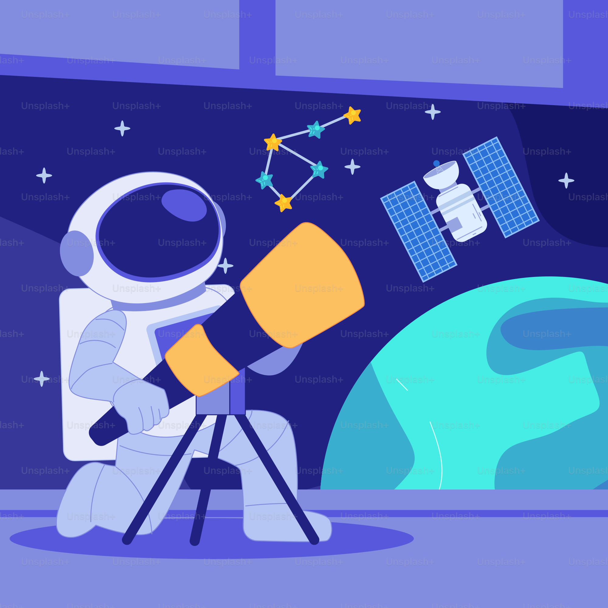 Um astronauta olhando através de um telescópio para a terra