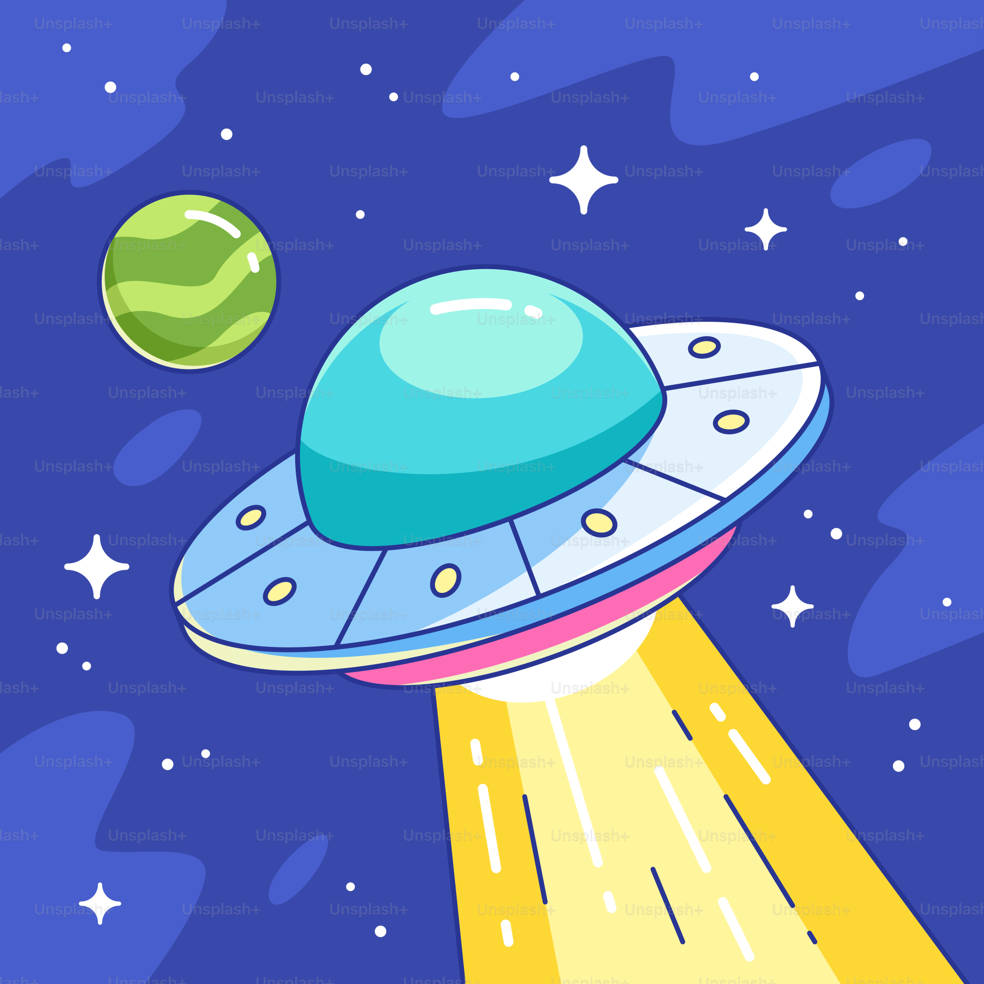 A cartoon picture of a flying saucer in space