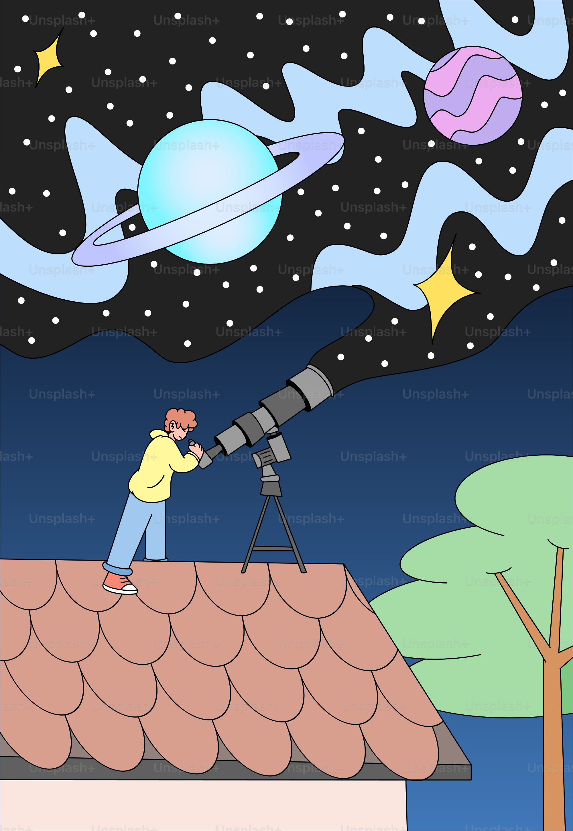 A man standing on top of a roof next to a telescope
