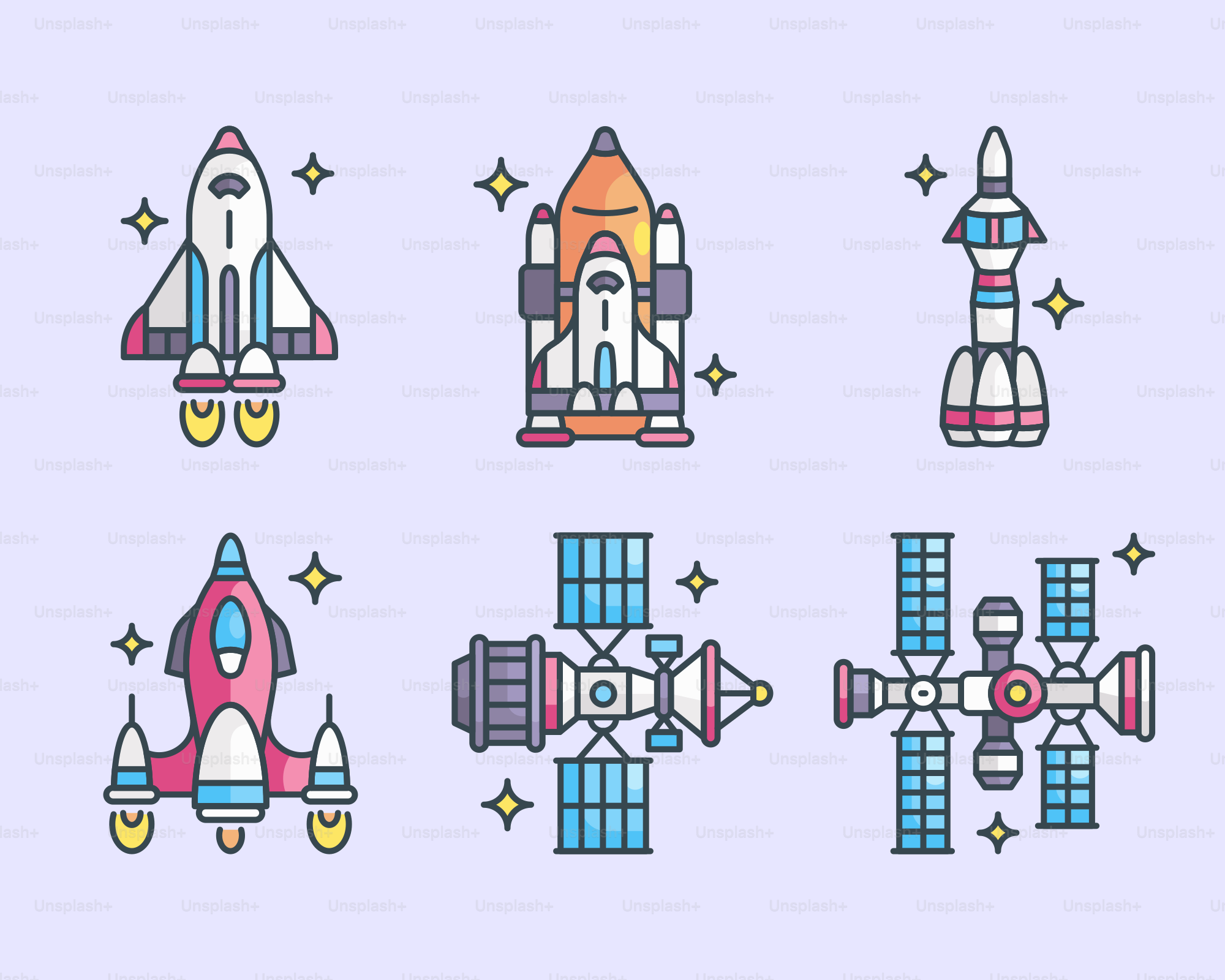 Eine Reihe pixeliger Raumfähren-Symbole