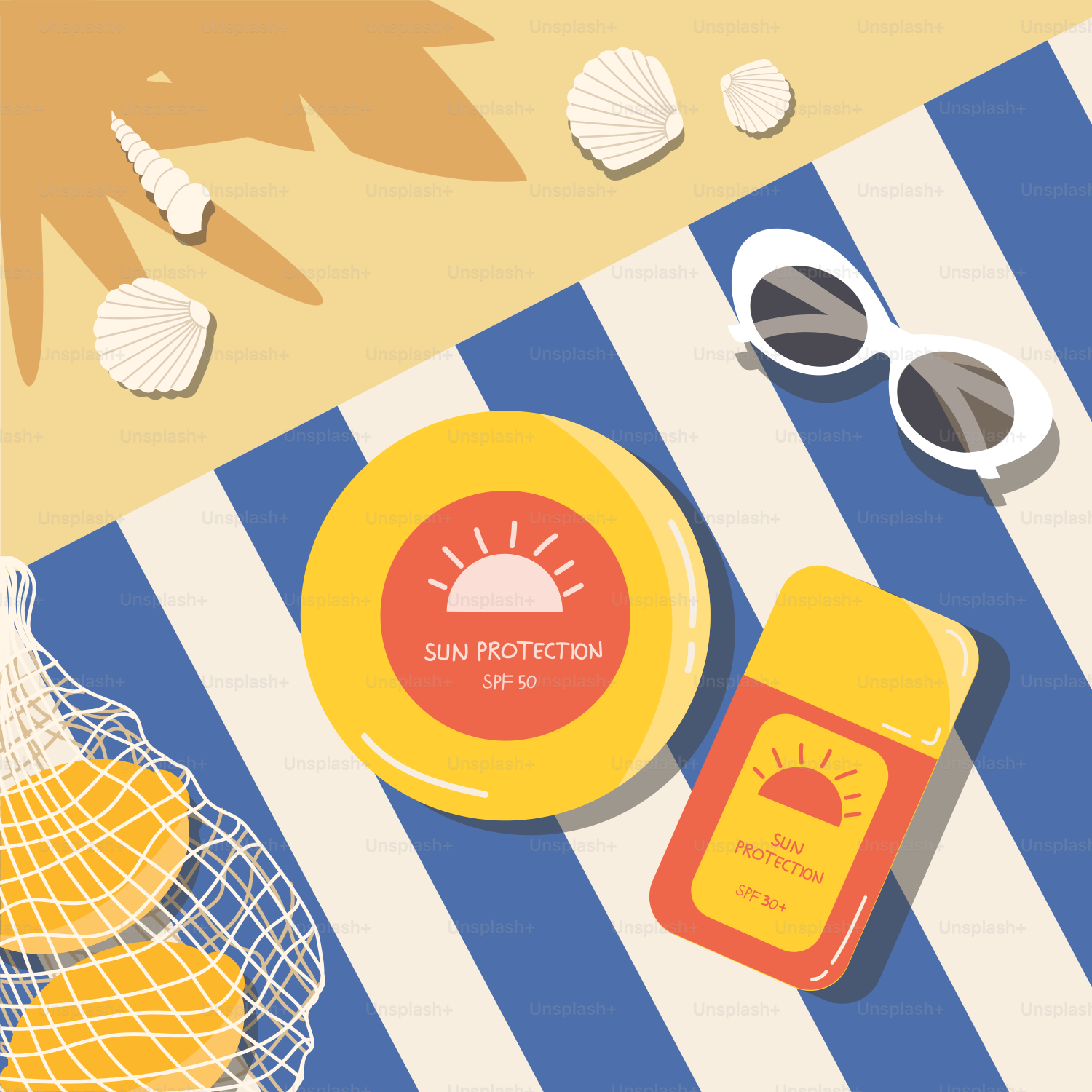 A beach scene with a yellow frisbee and sunglasses