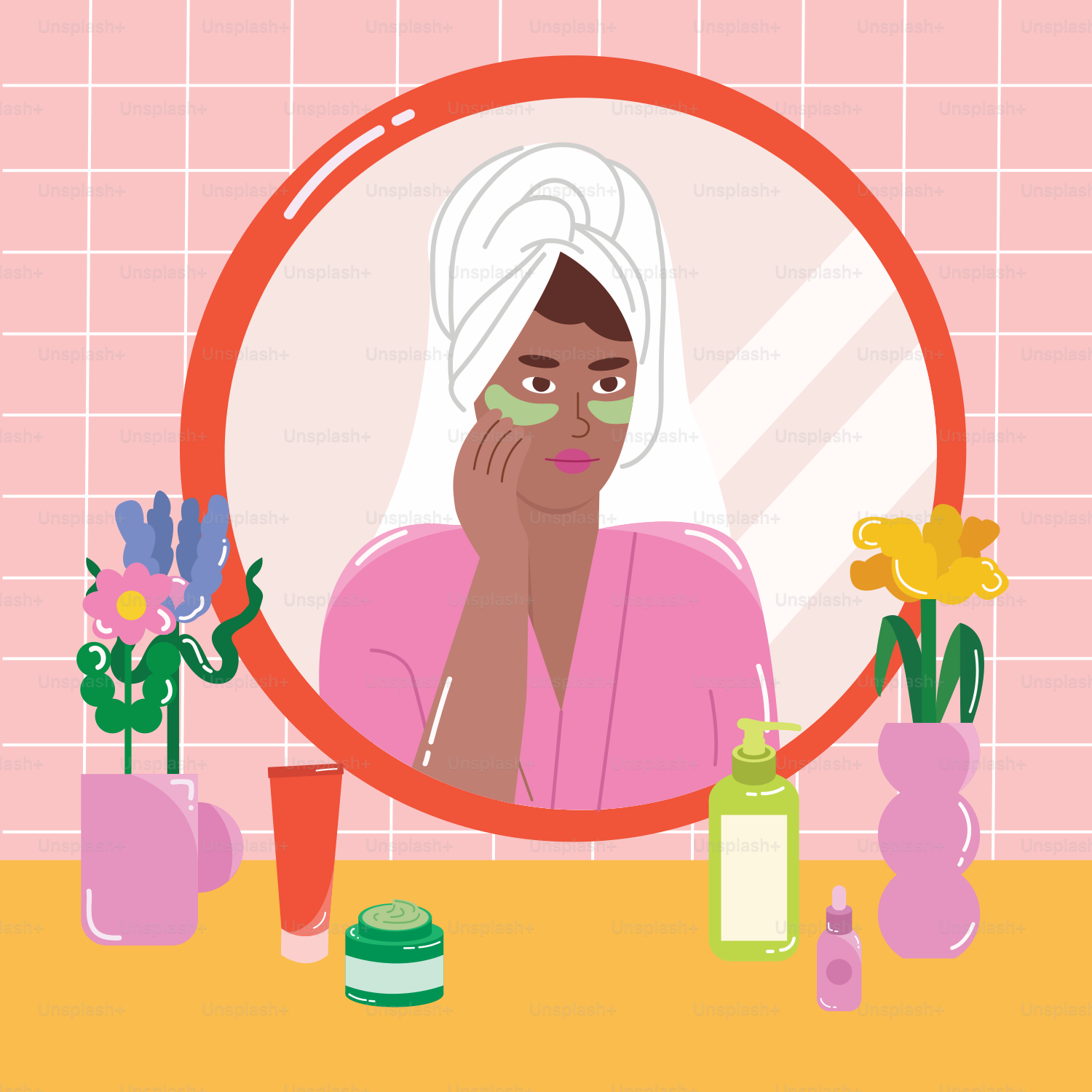 Una mujer con una toalla en la cabeza mirándose en un espejo