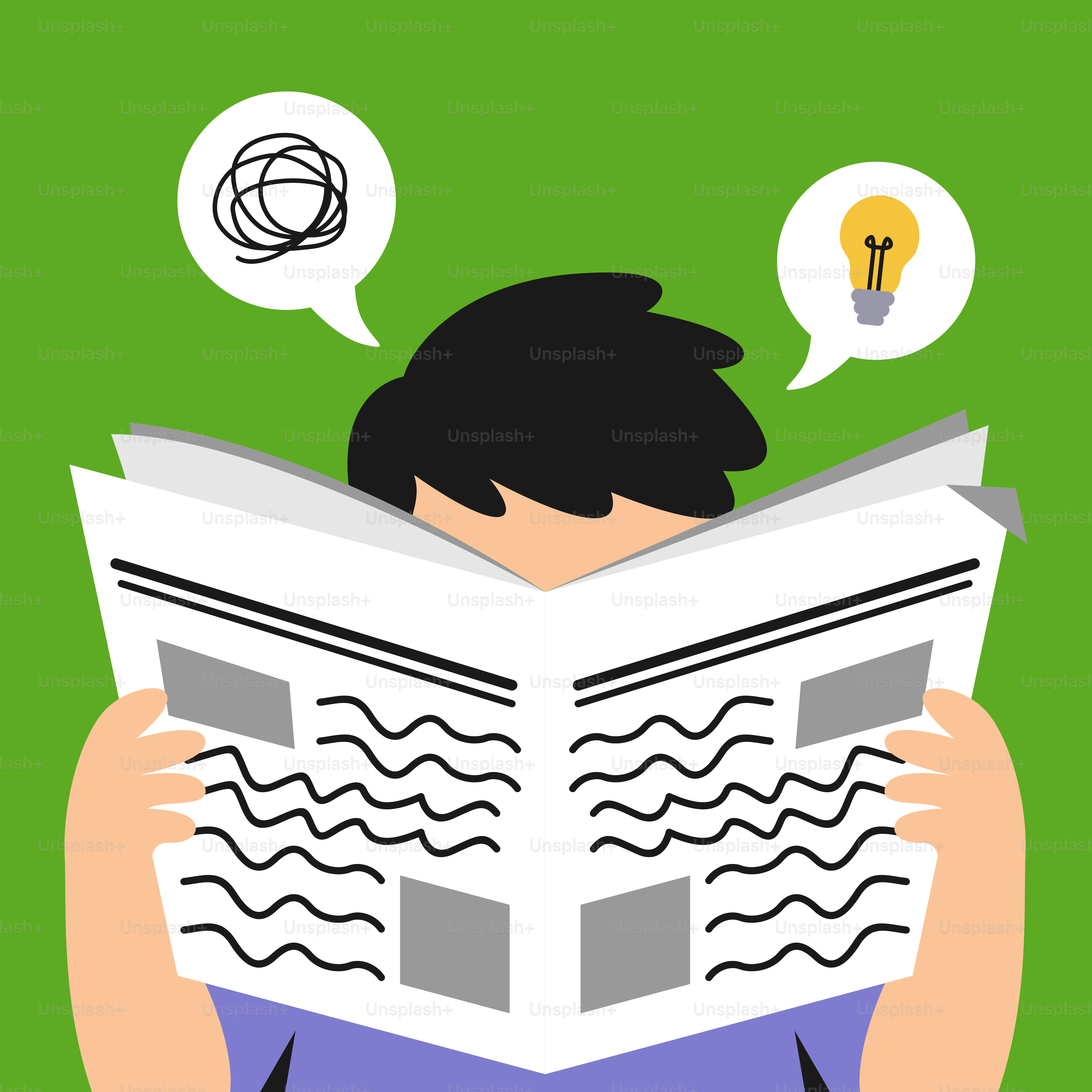 Un hombre leyendo un libro con una burbuja de pensamiento sobre la cabeza