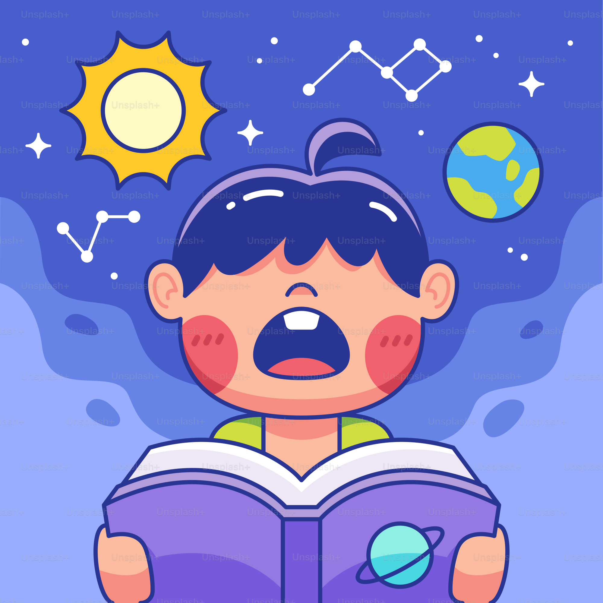 A boy is reading a book with the sun in the background