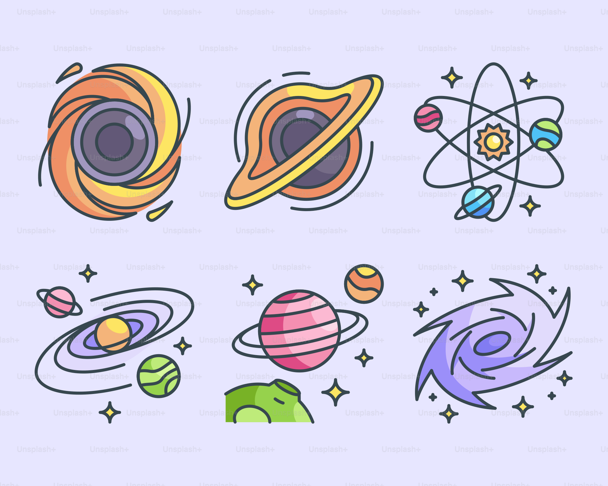 파란색 배경에 다양한 유형의 행성 무리