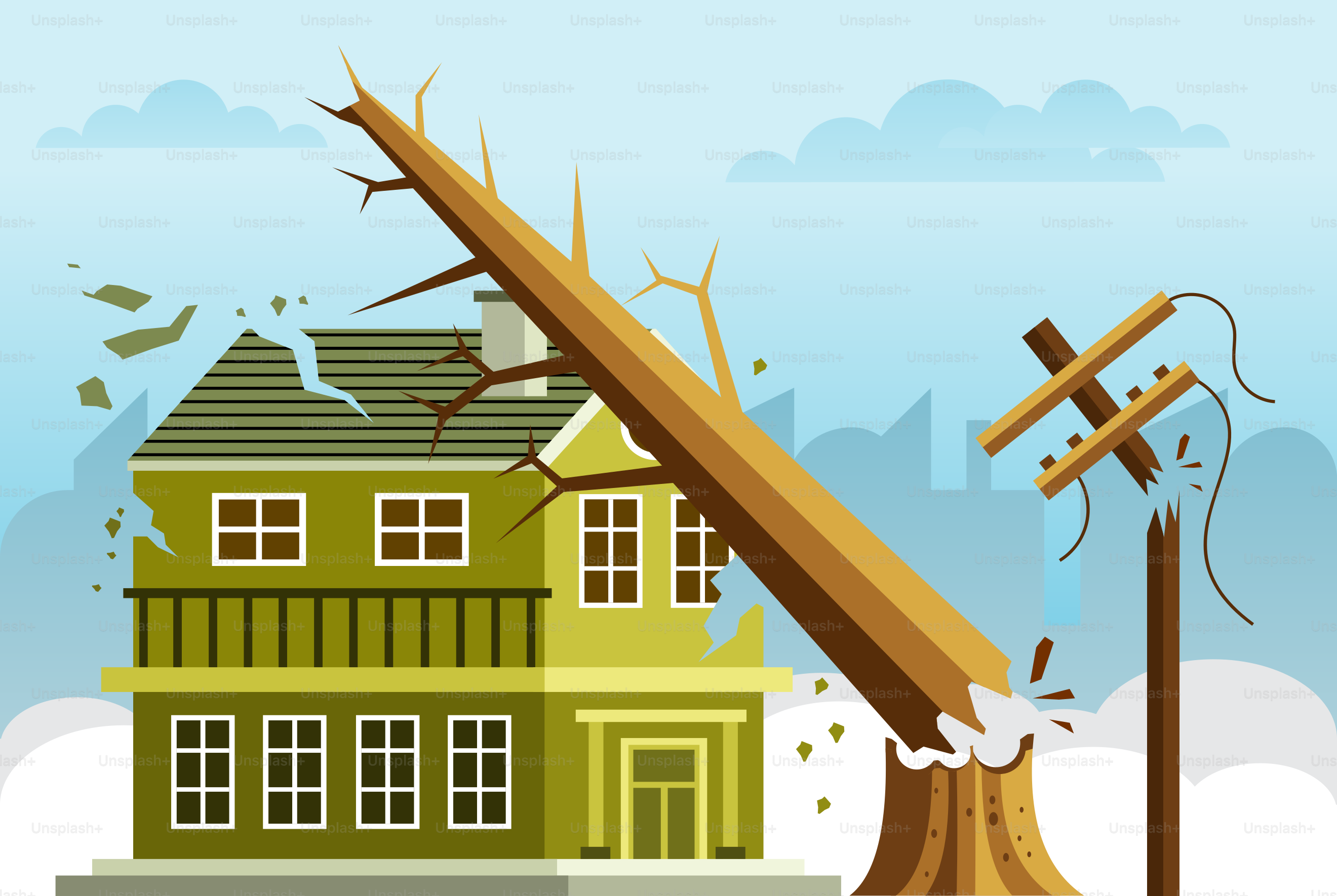 Ein Haus, das von einem Baum getroffen wurde