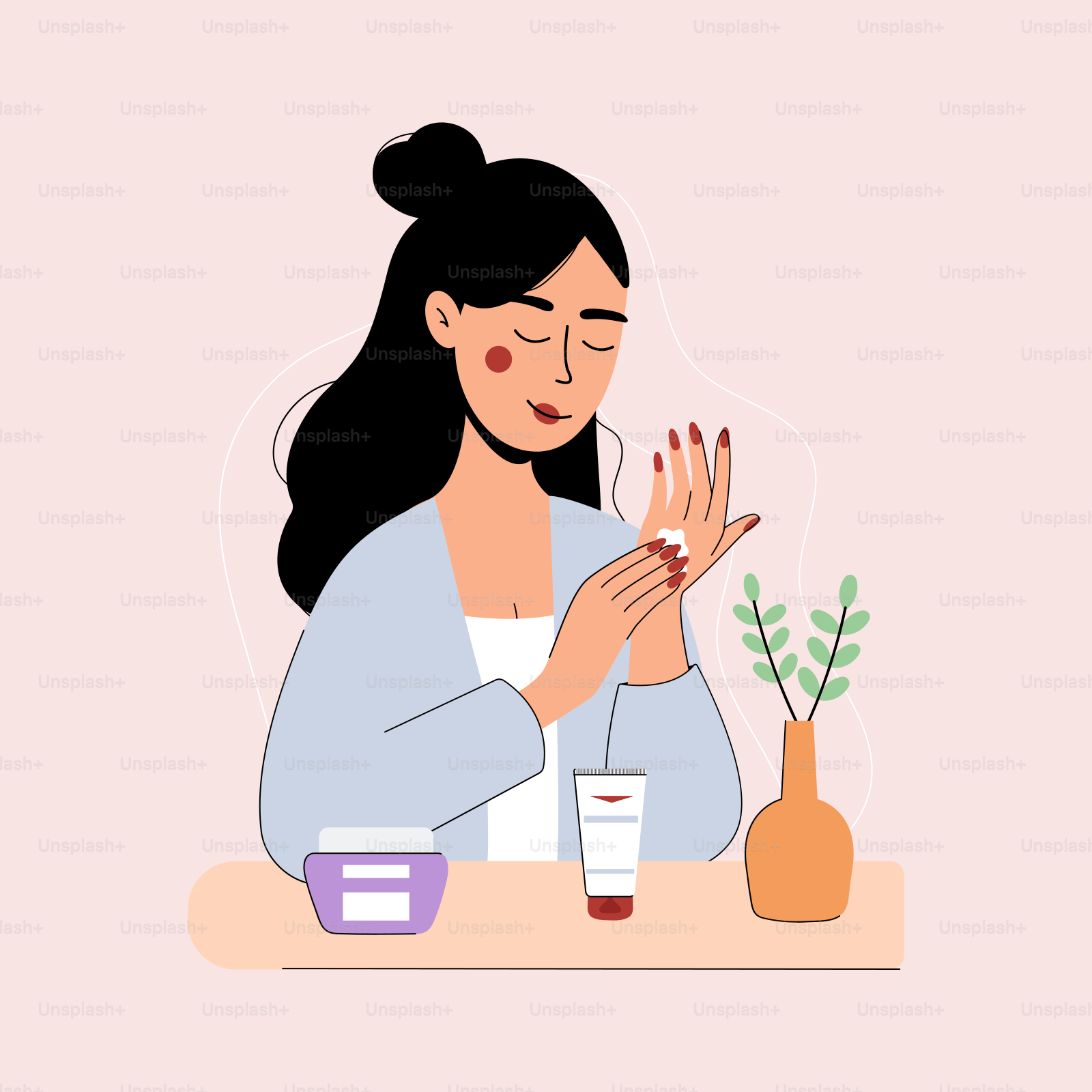 A woman sitting at a table with a plant in front of her