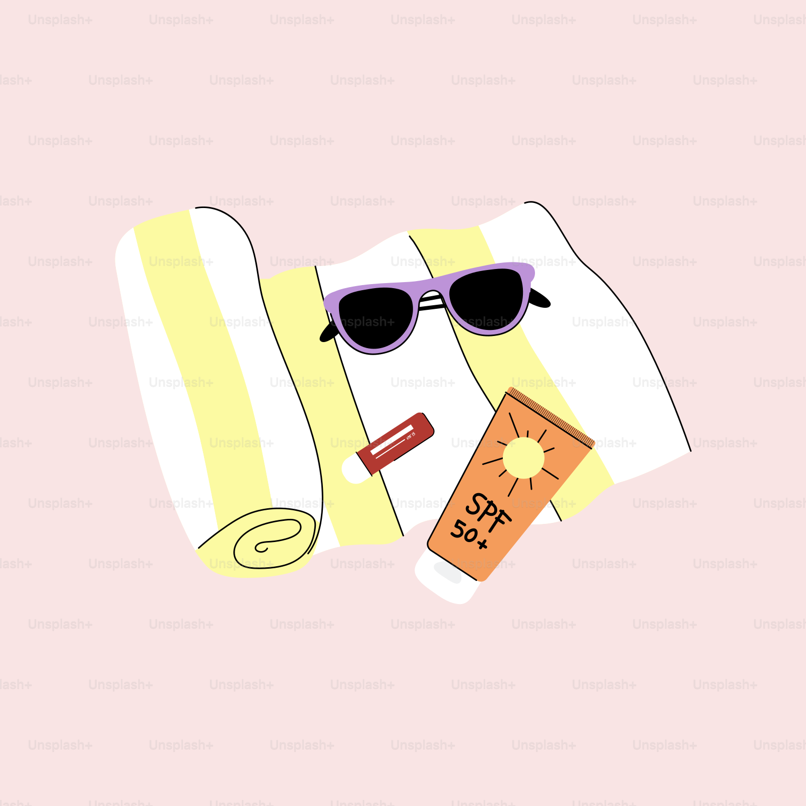 A beach towel, sunglasses, and sunscreen on a pink background
