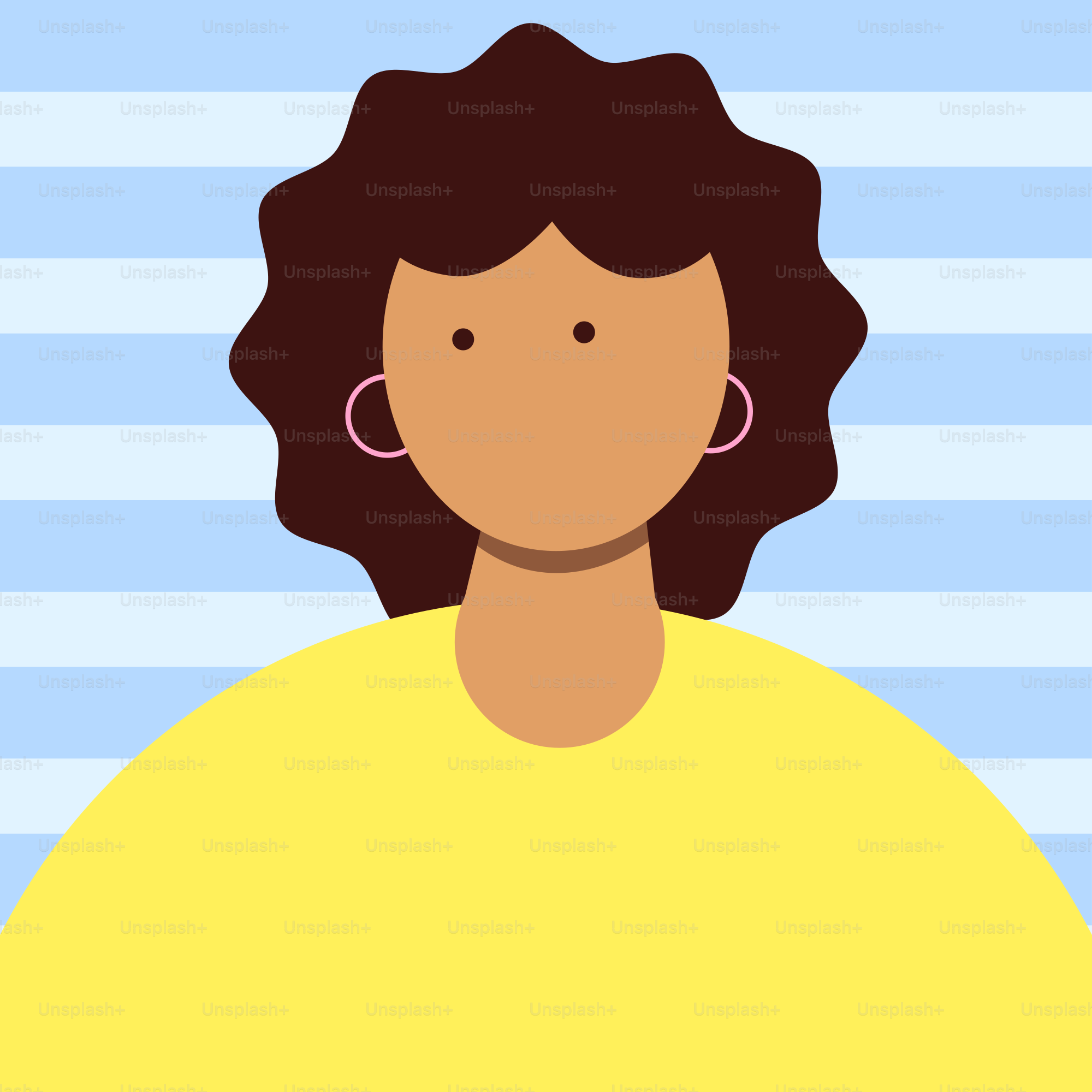 A woman in a yellow shirt is standing in front of a blue and white striped