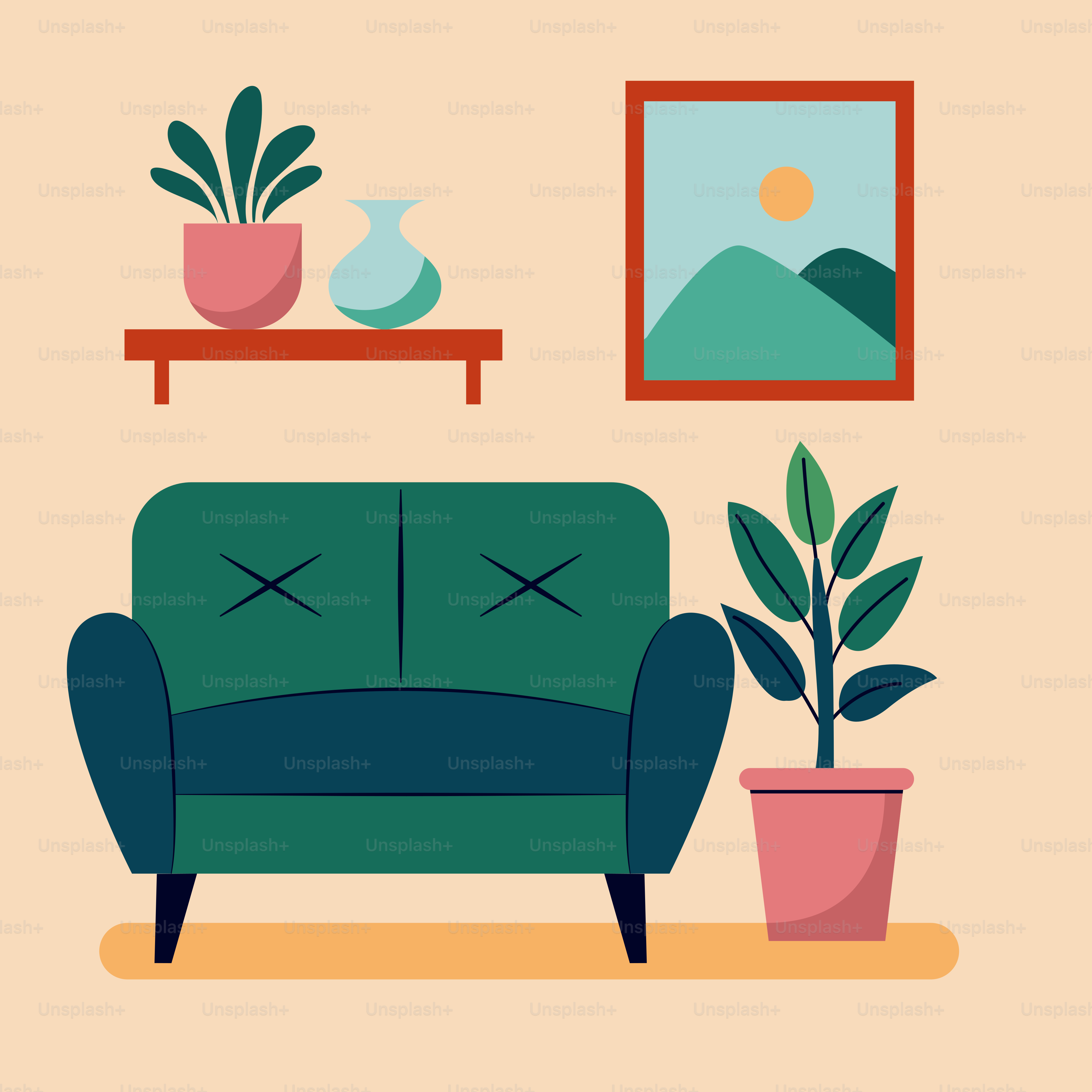 A living room with a couch and a potted plant