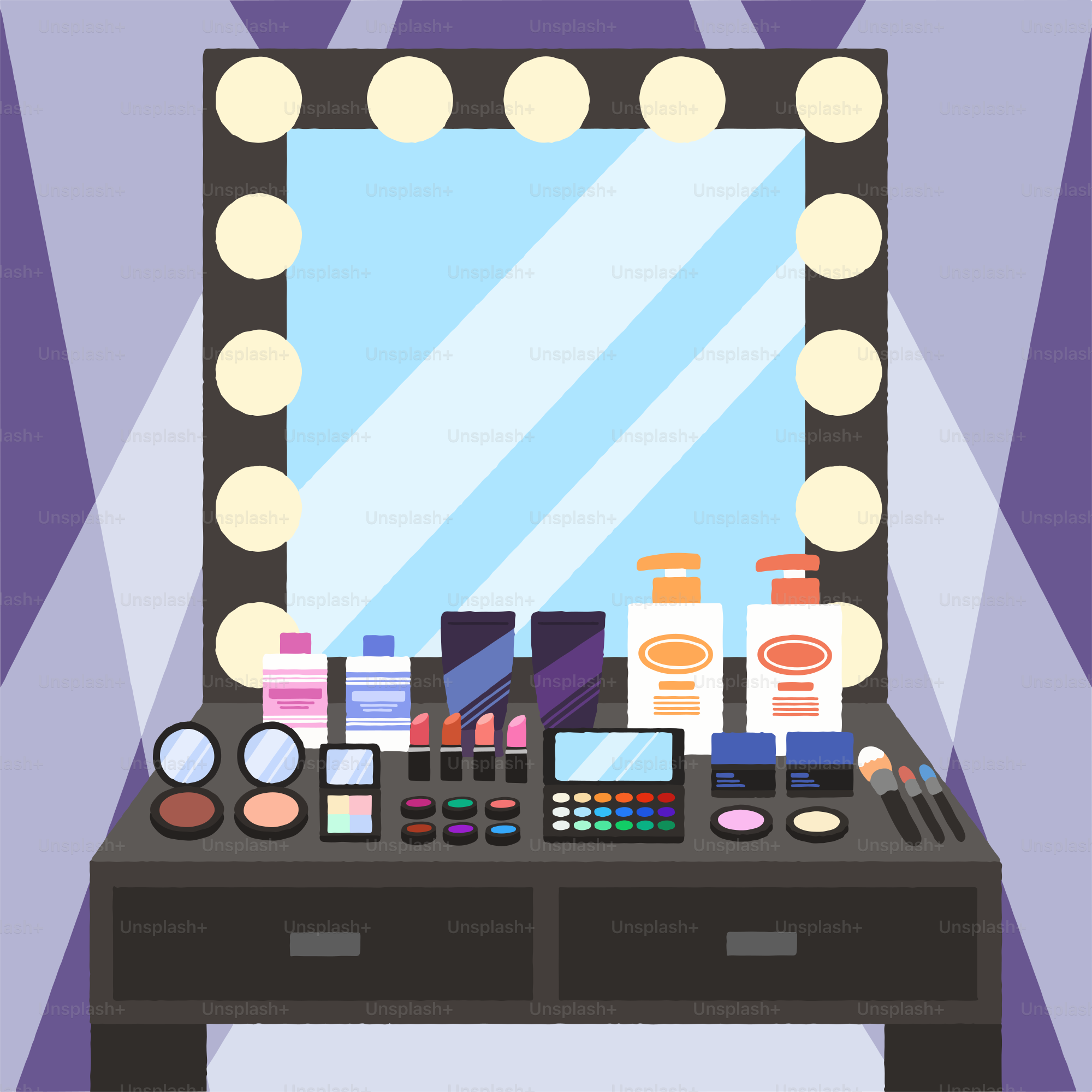 A vanity with a mirror and makeup on it