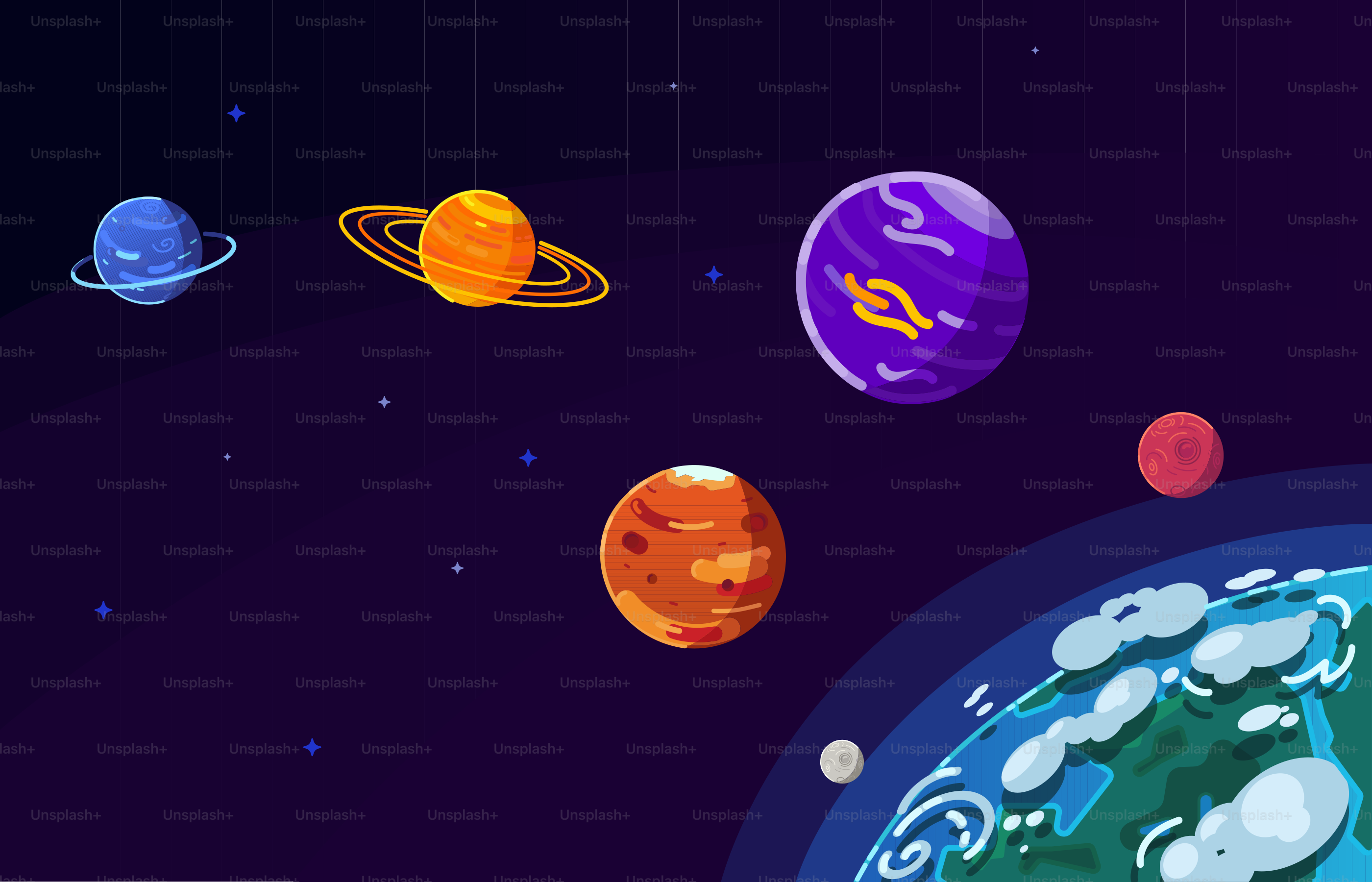 惑星や星々が登場する宇宙の風景