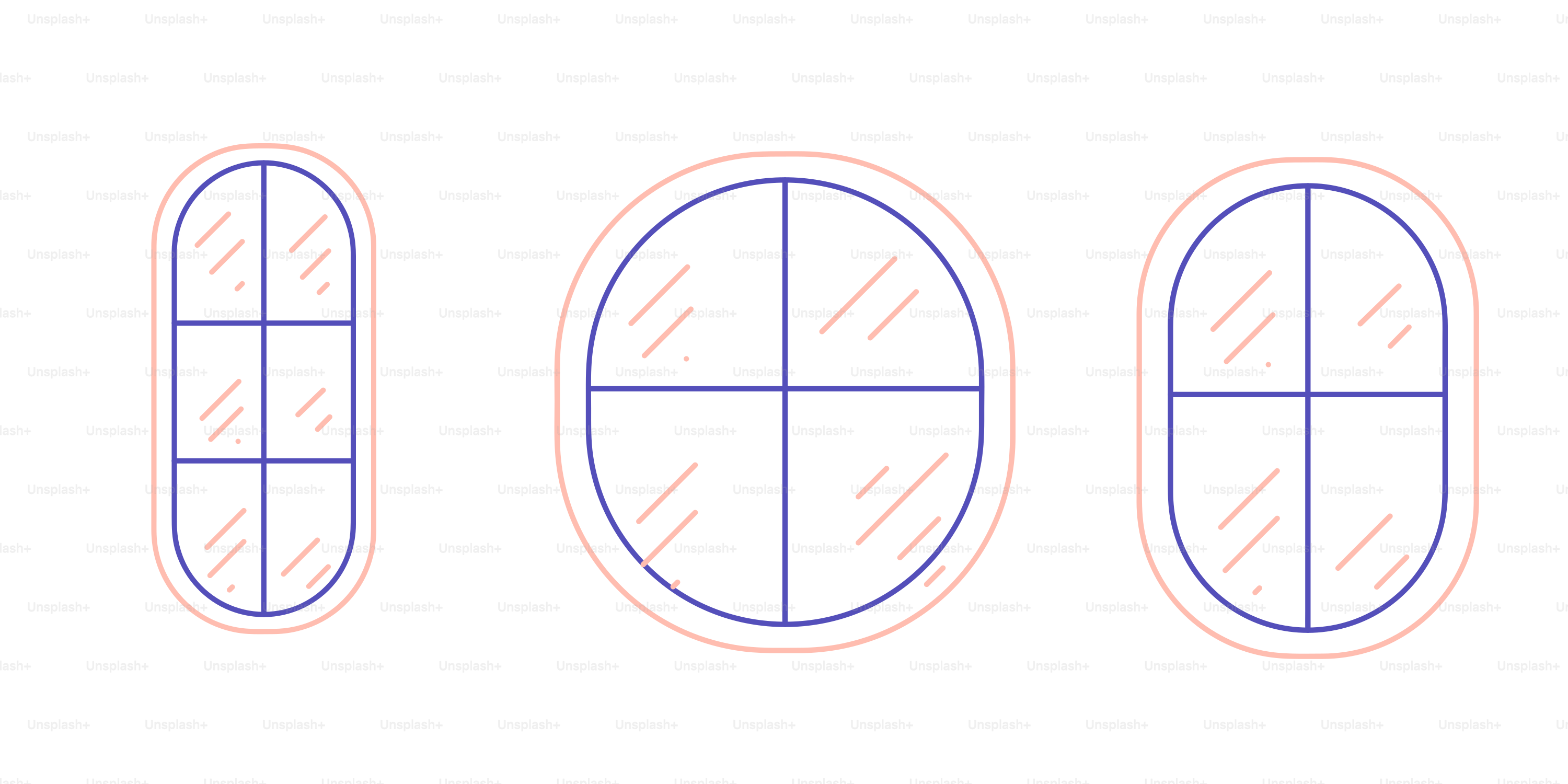 A line drawing of three oval windows