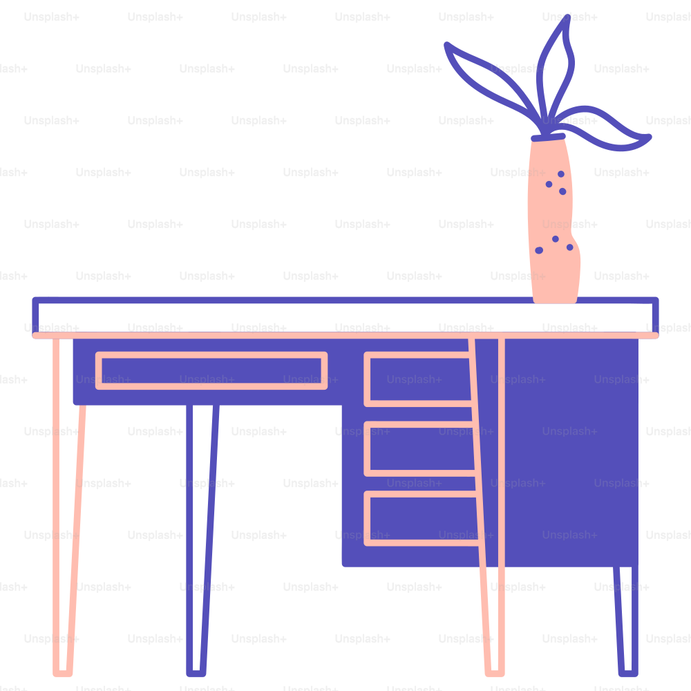 A desk with a plant on top of it