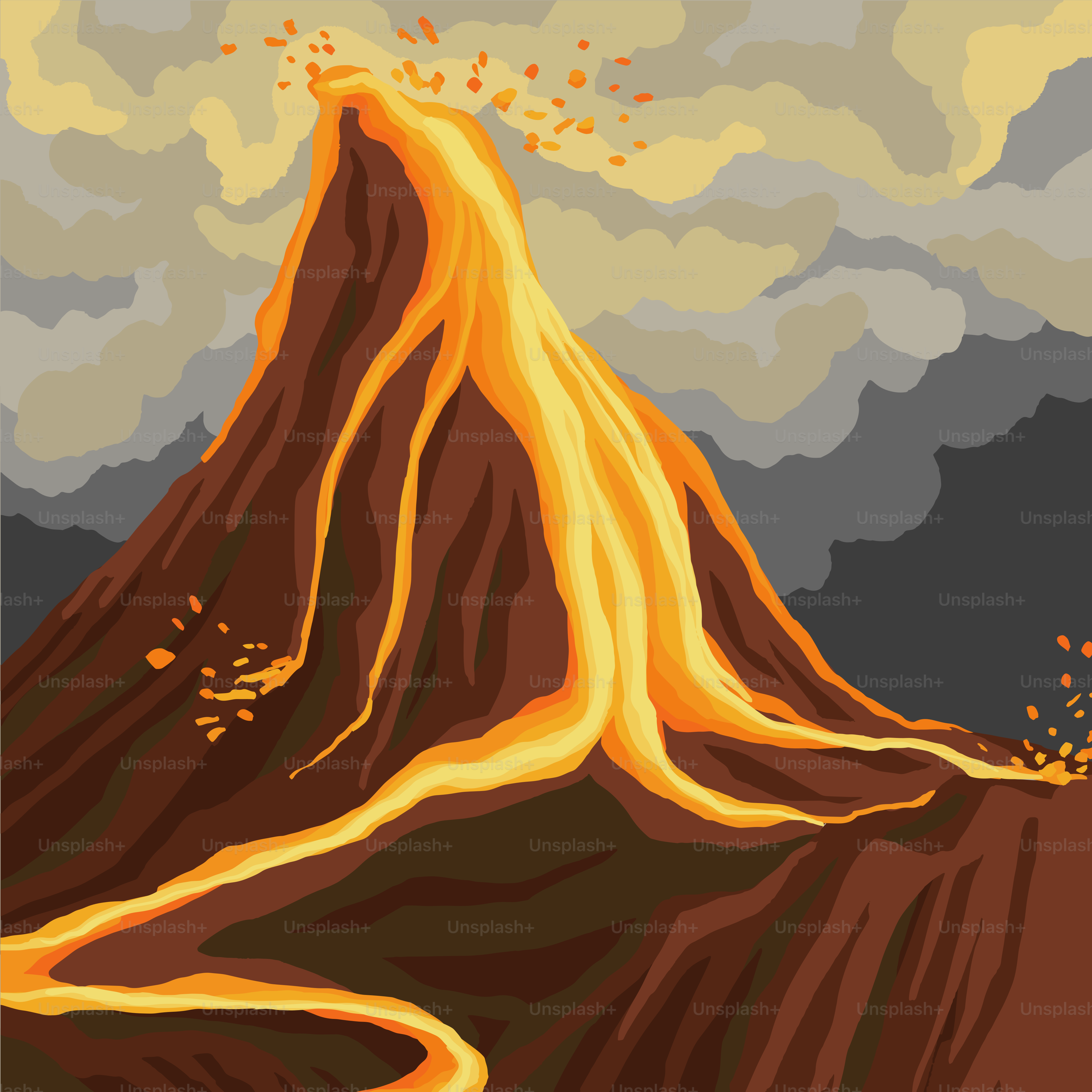 Une peinture d’une montagne d’où sort un feu