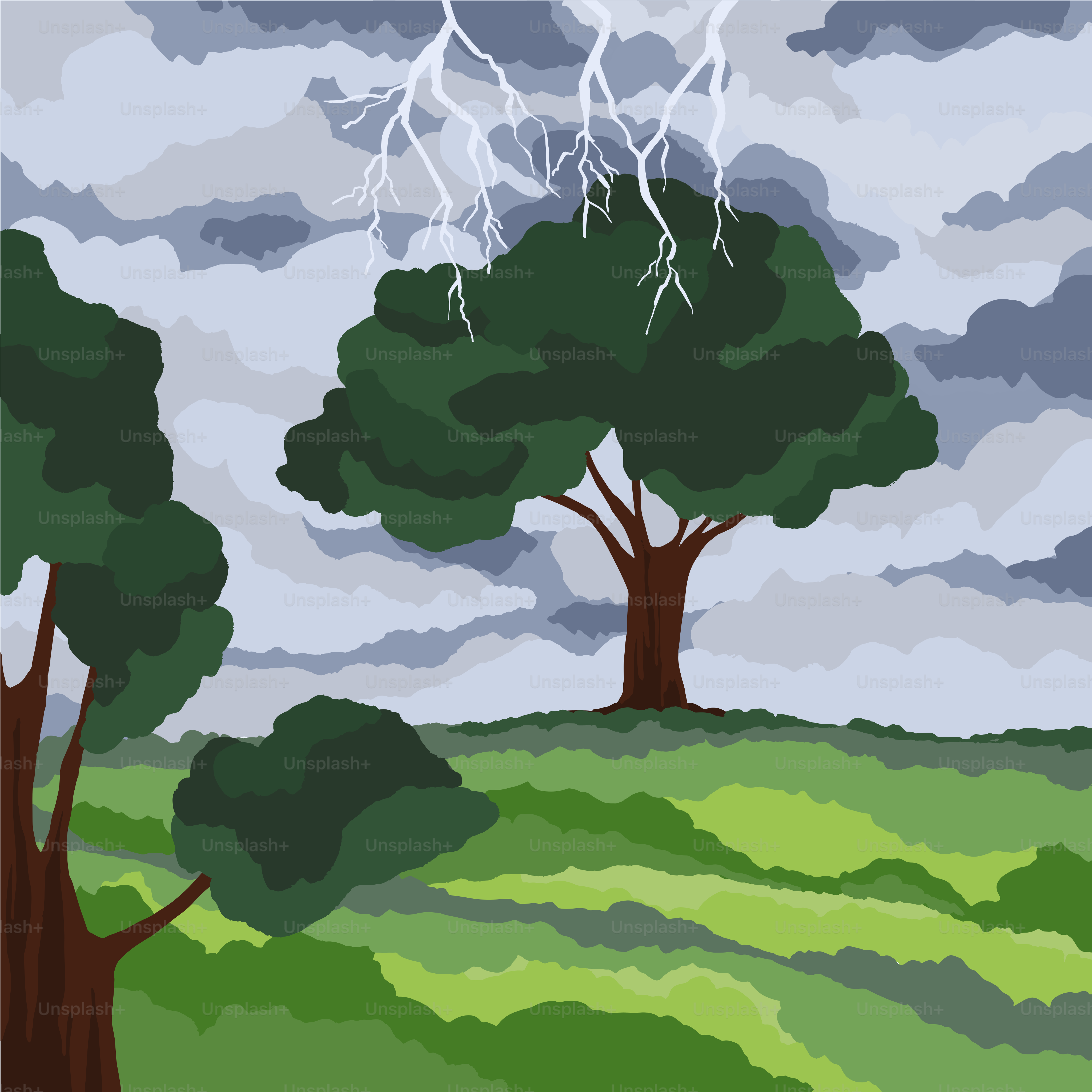 A painting of two trees on a cloudy day