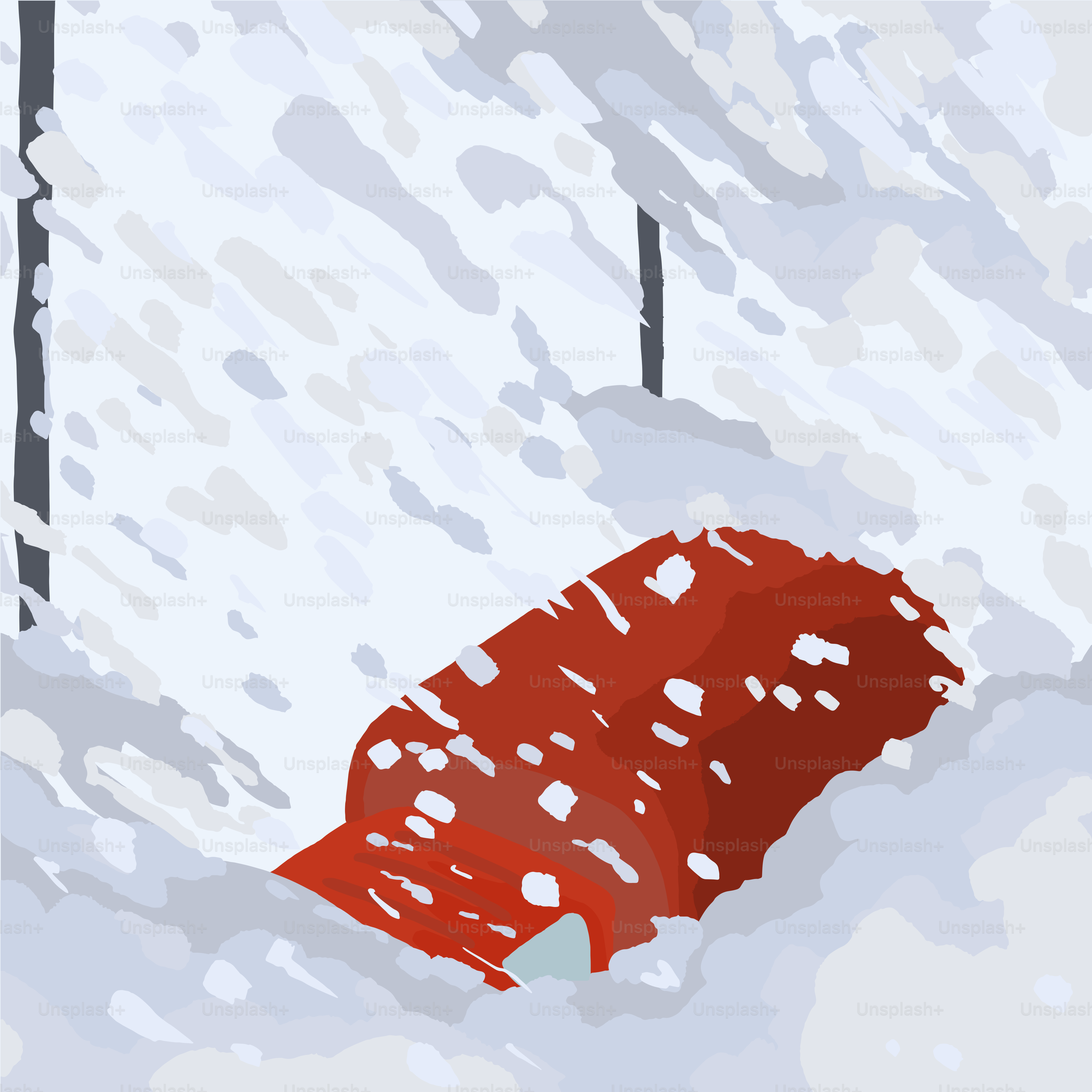 A red umbrella sitting on top of a snow covered ground