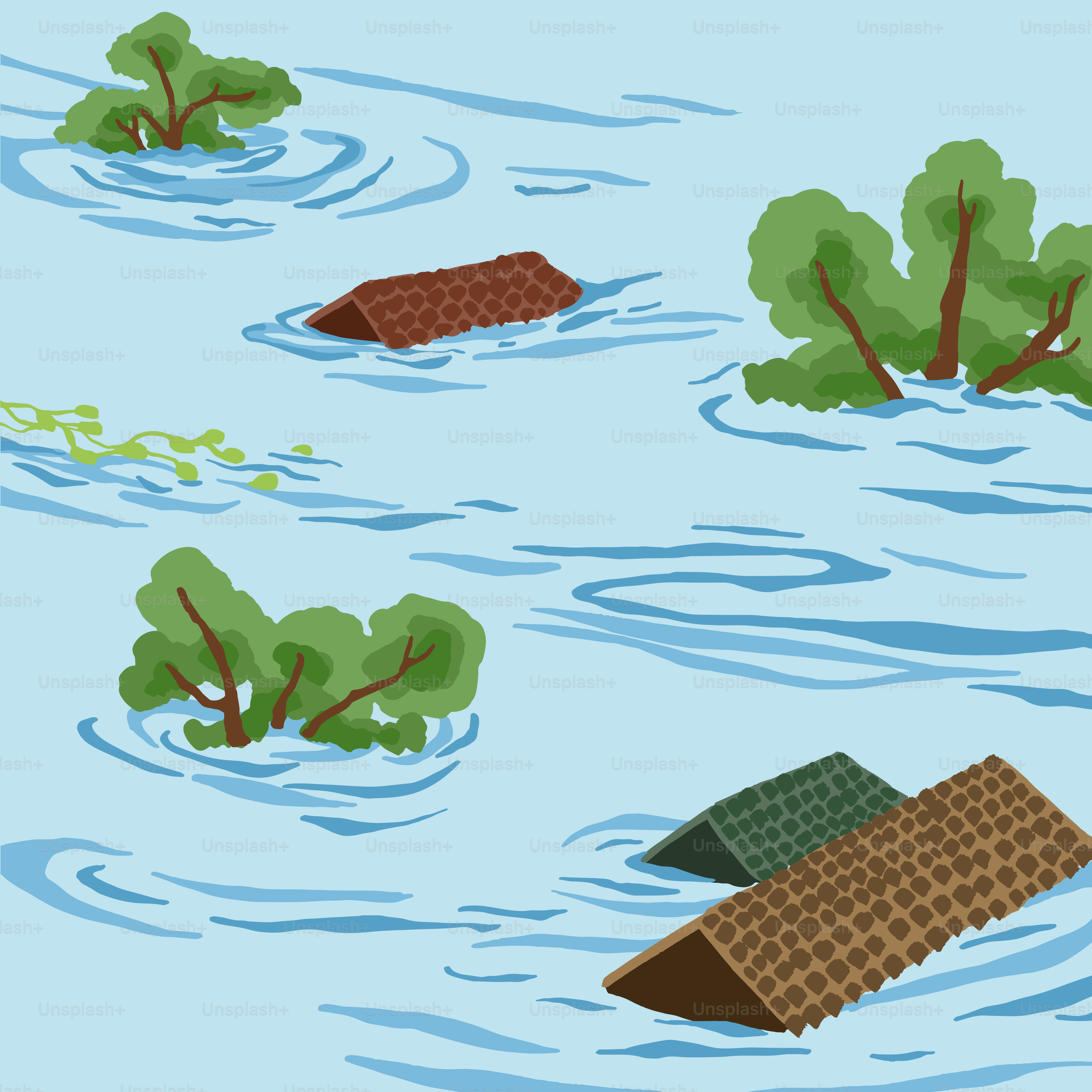 A flooded area with a house and trees