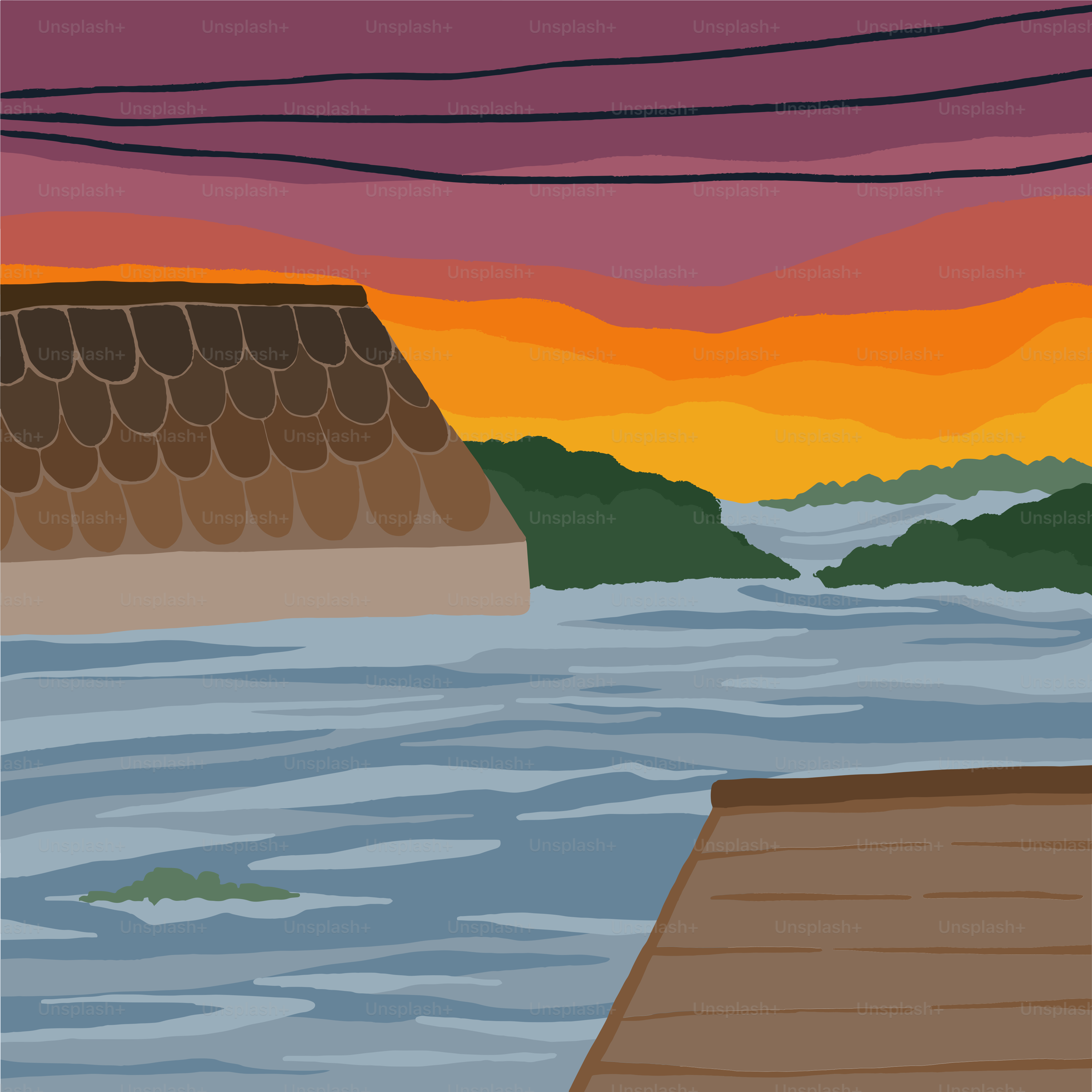 A painting of a sunset over a body of water