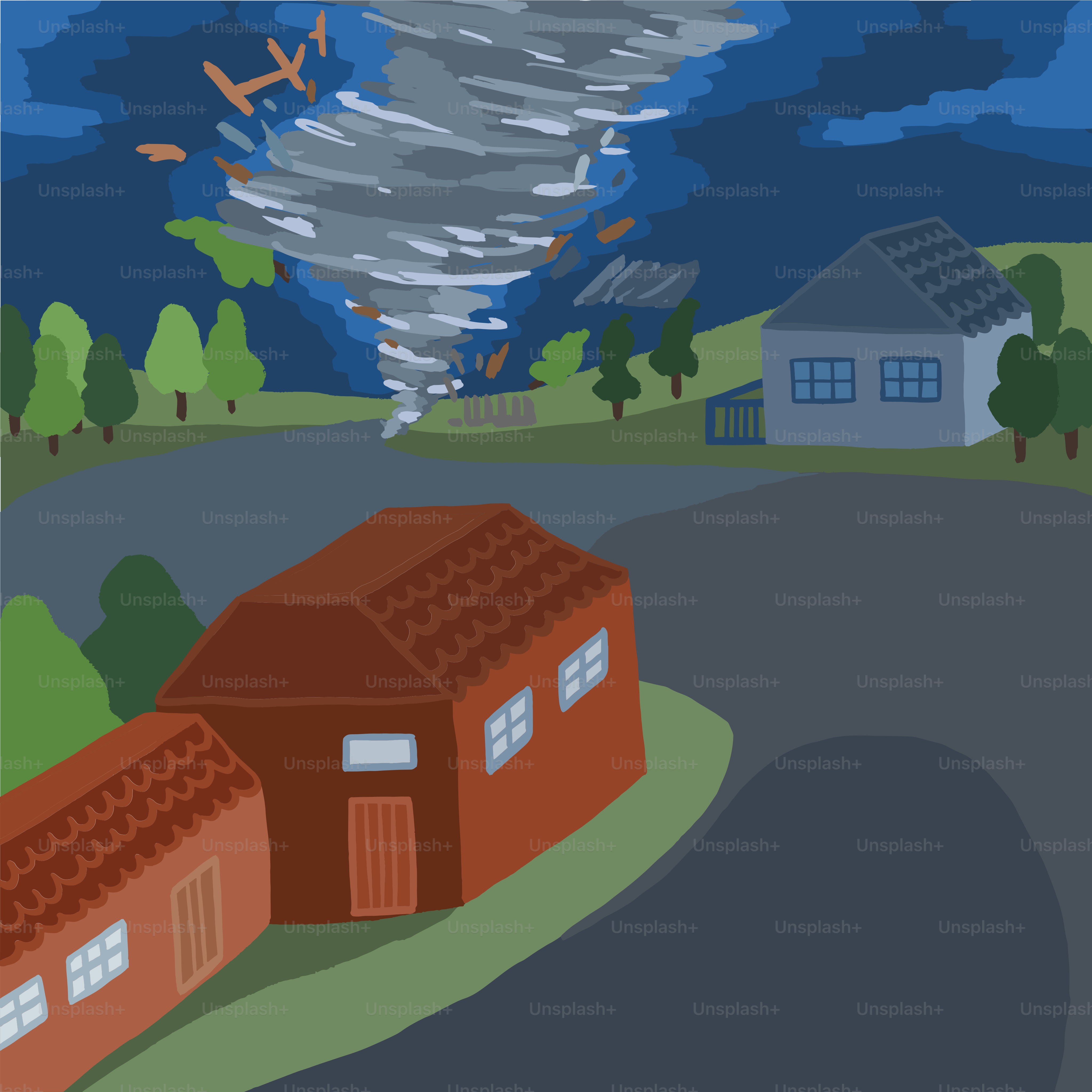A drawing of a house with a tornado in the background