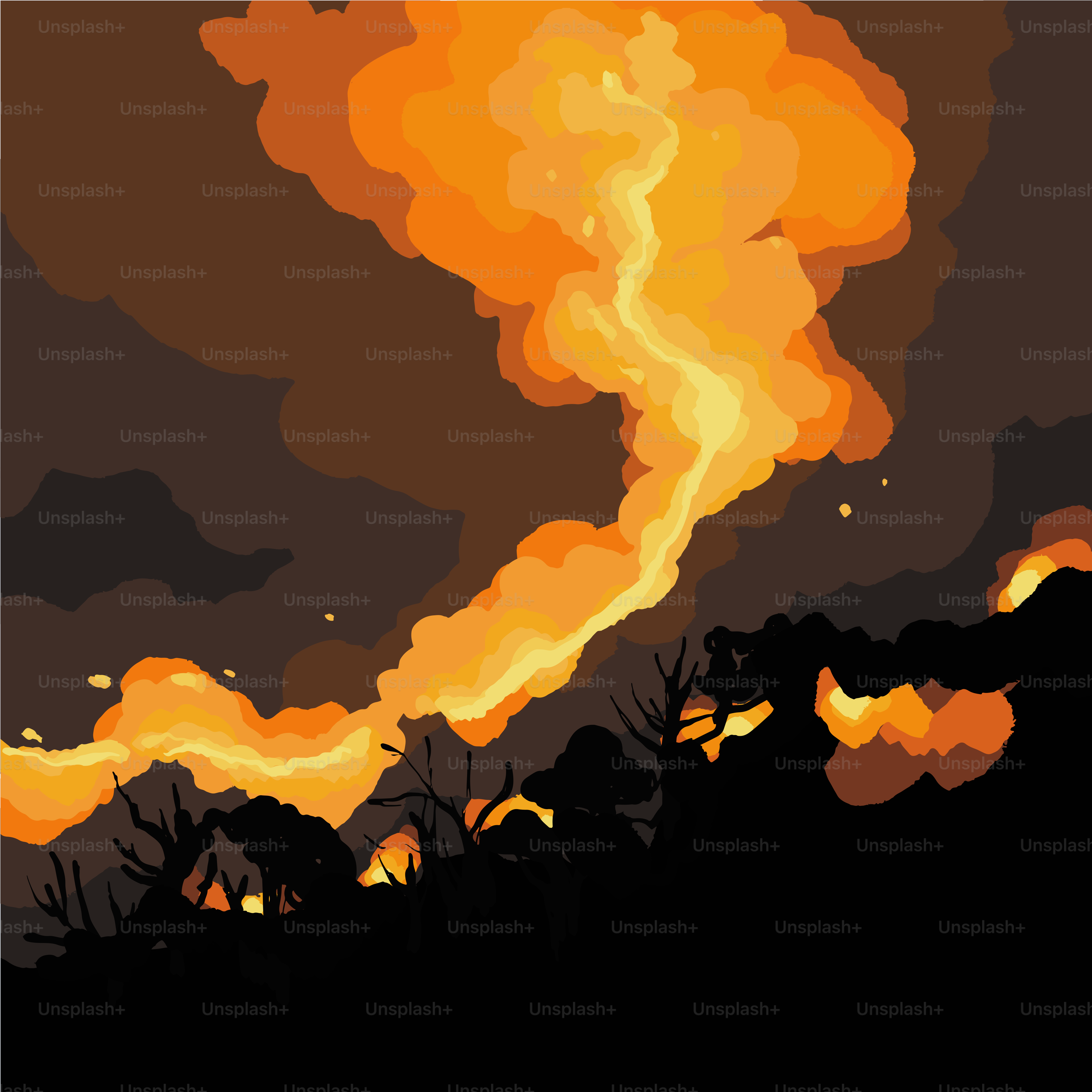 A painting of a fire coming out of a forest