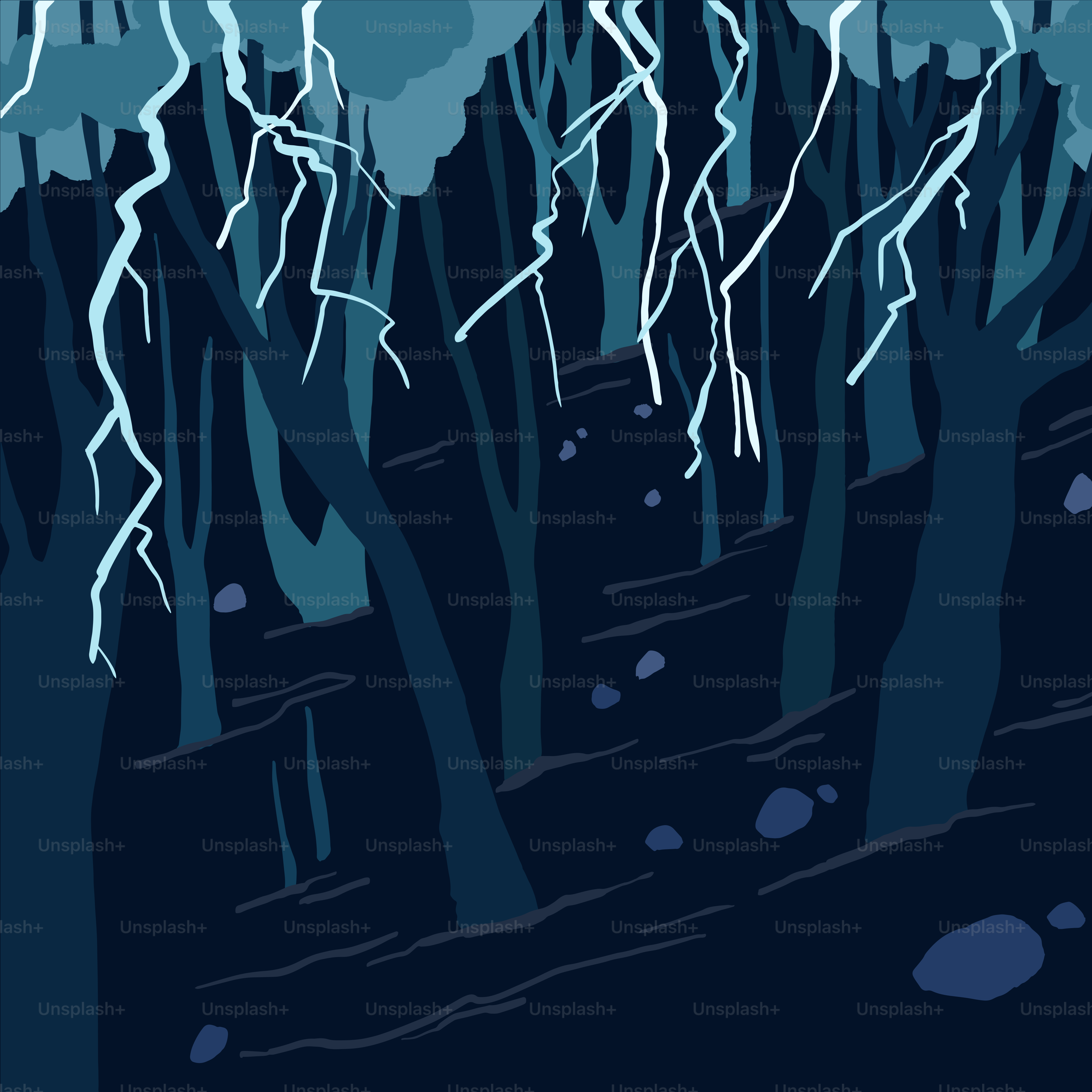 A dark forest with a bunch of trees in it