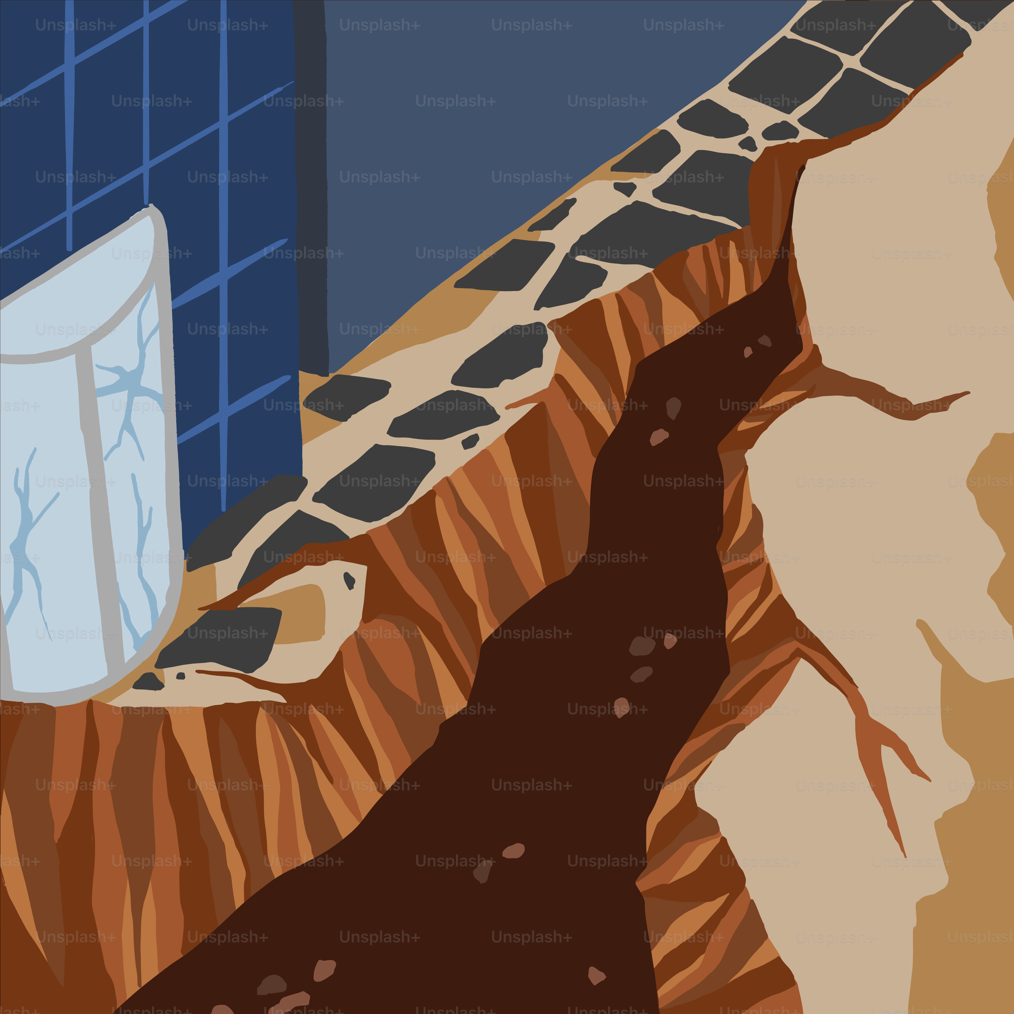 地面に横たわるキリンの絵