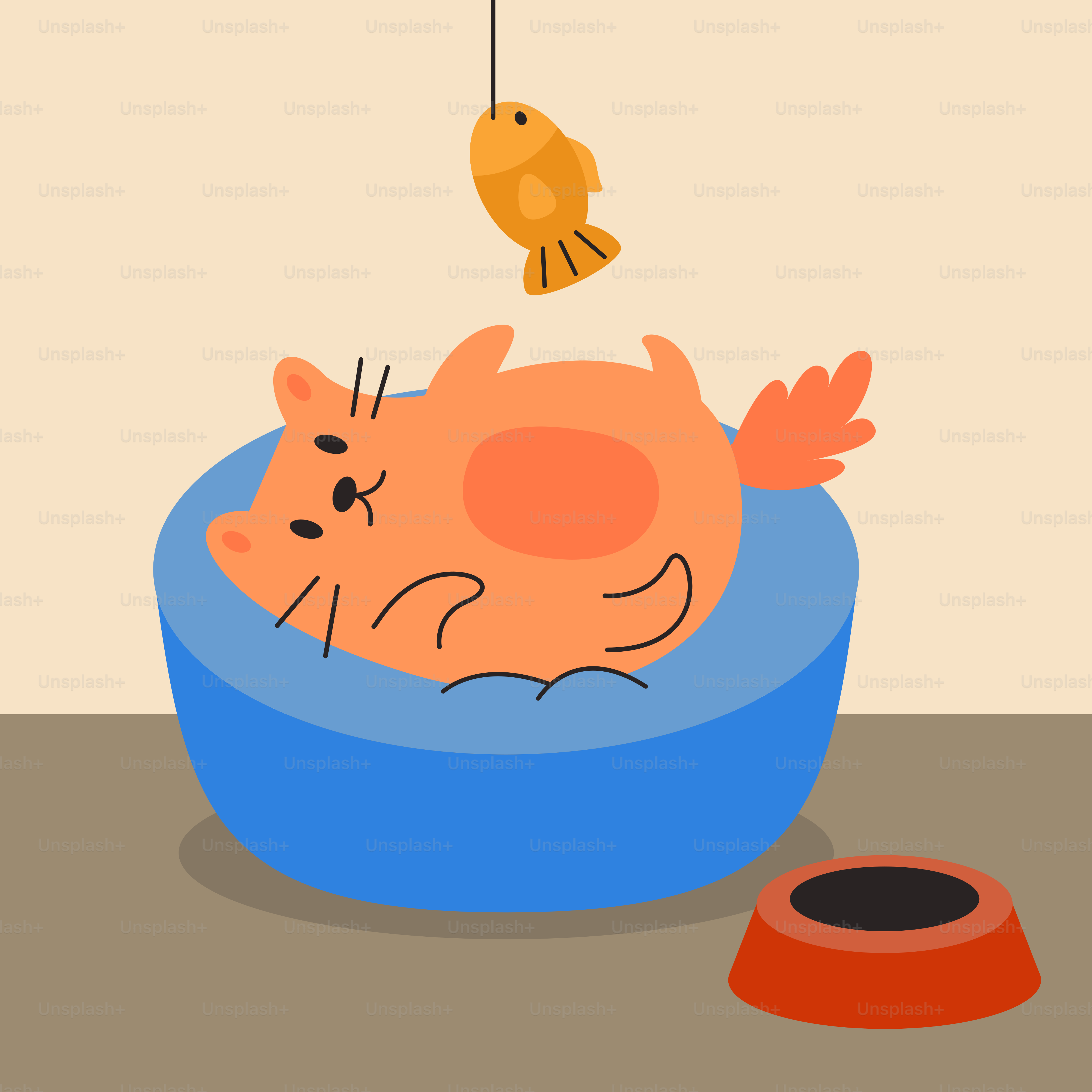 A cat laying in a bowl with a fish hanging from it