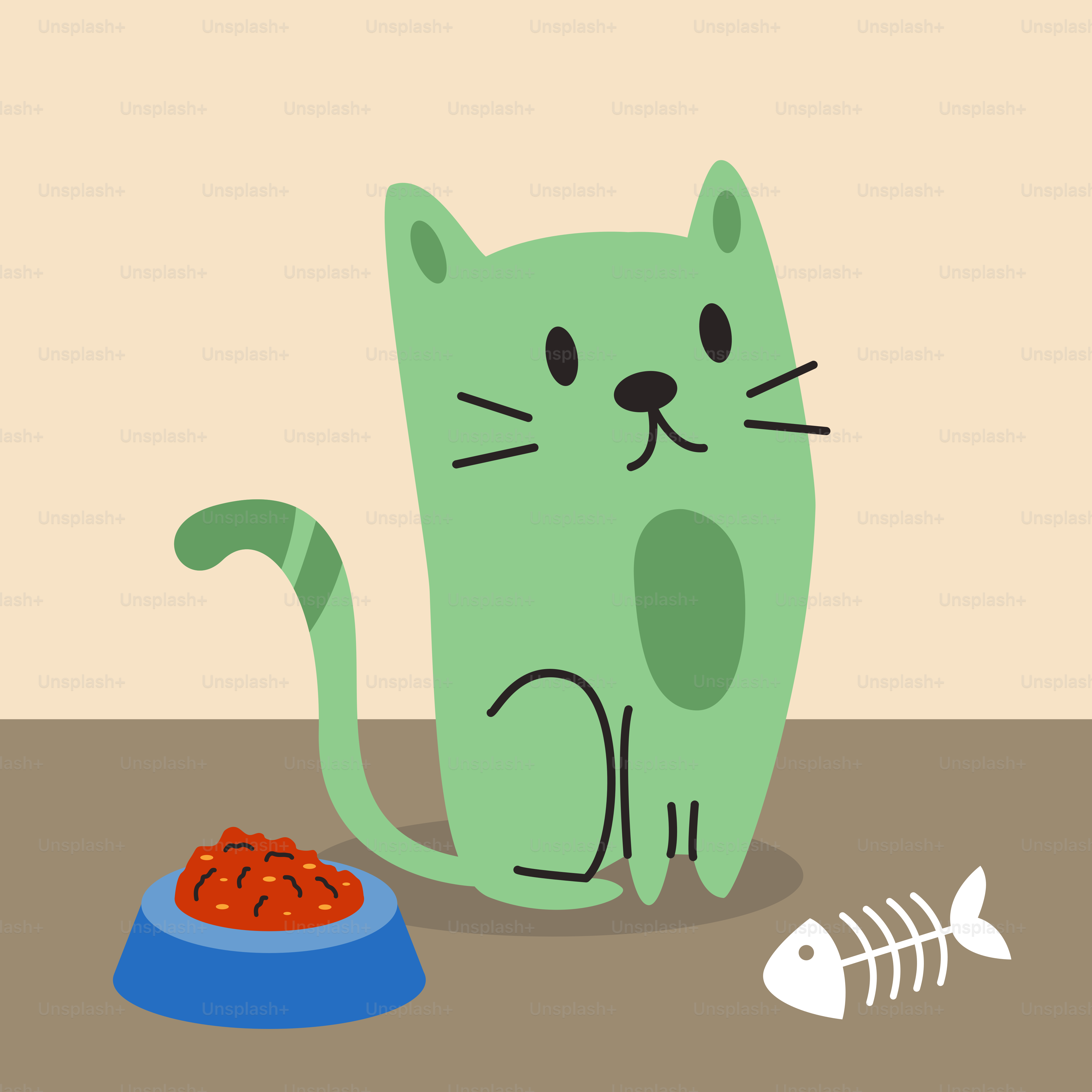 A green cat sitting next to a bowl of food