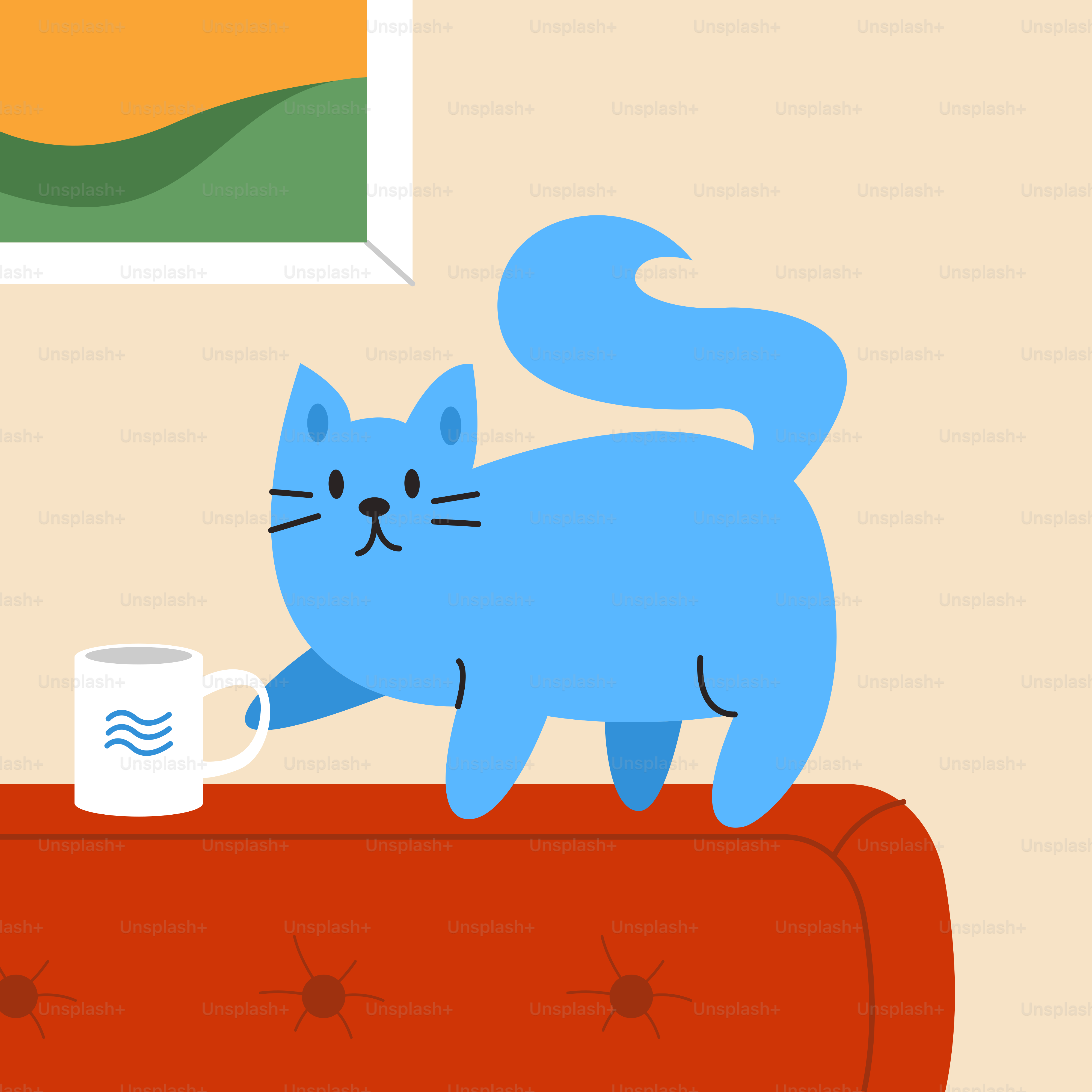 A blue cat sitting on top of a red couch