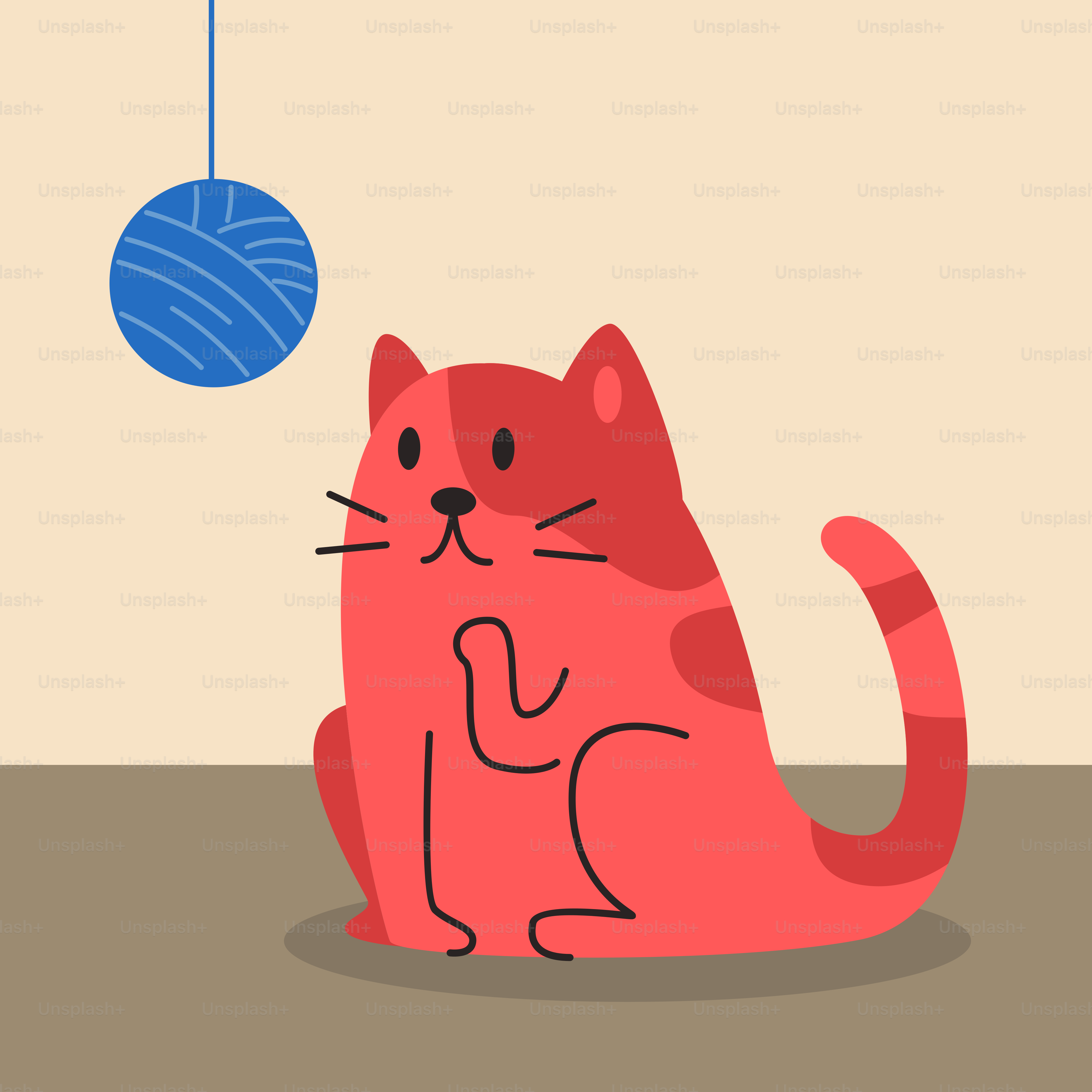 A red cat sitting on the floor next to a ball of yarn
