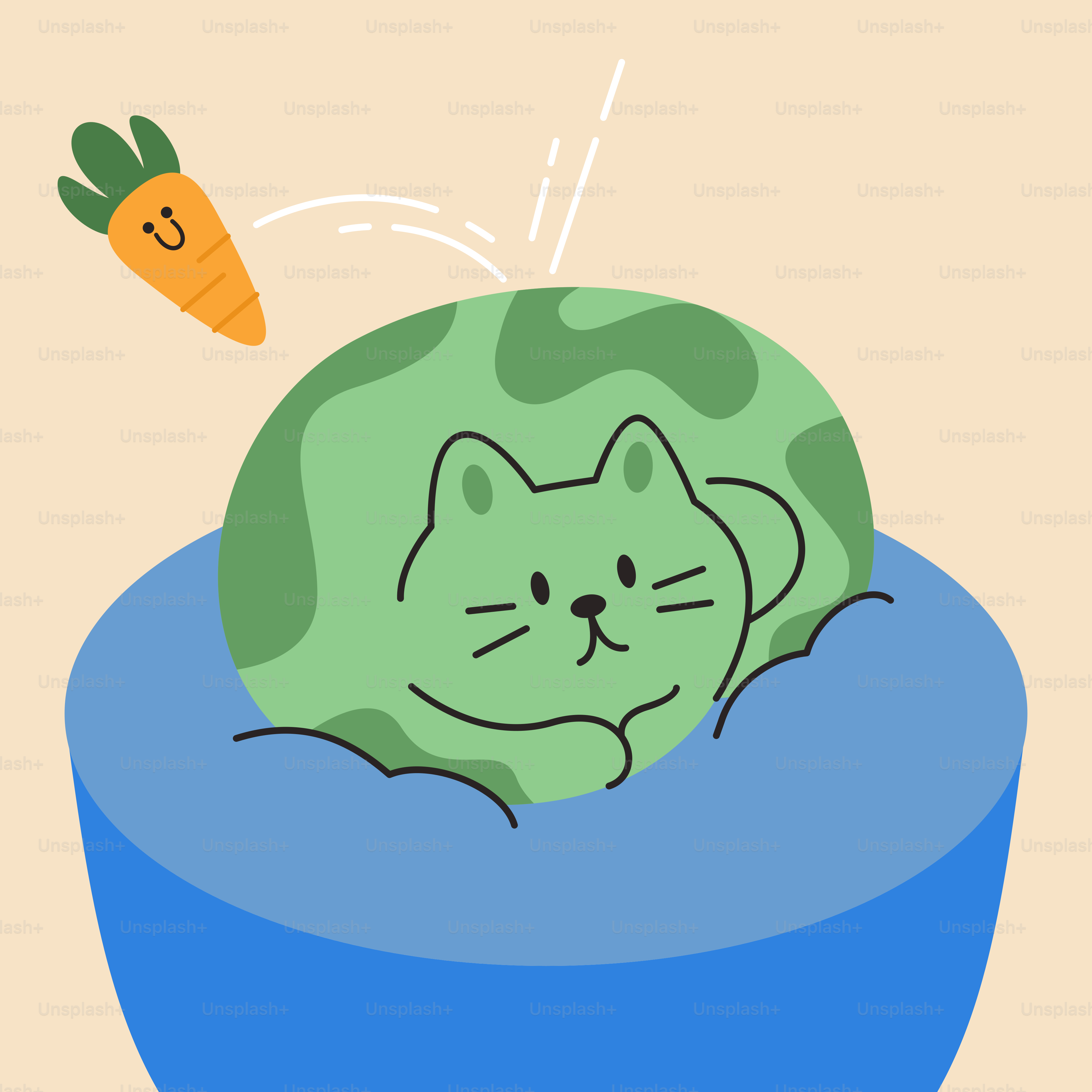 A cat is sleeping in a bowl with a carrot